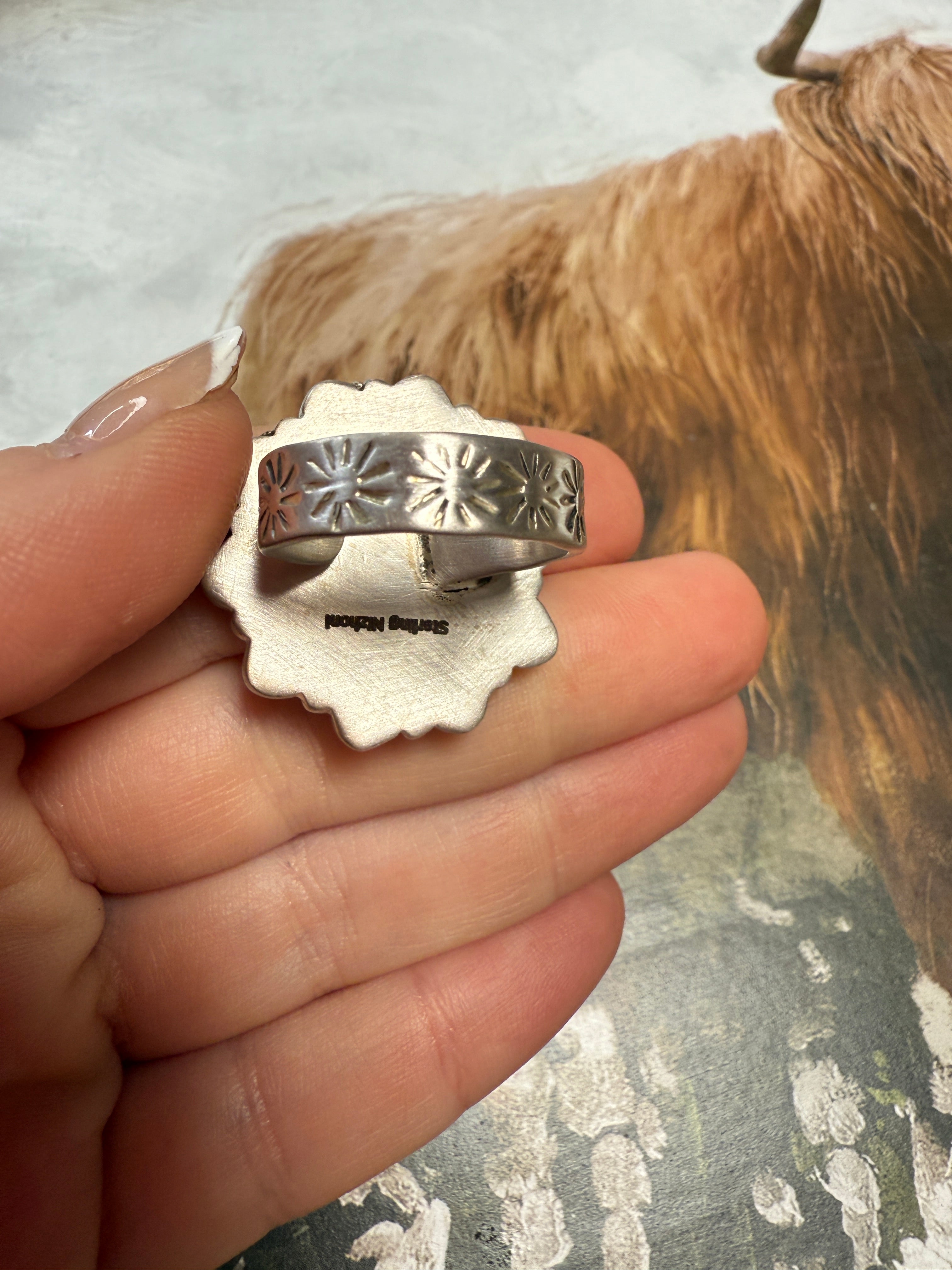 Handmade Pink Dream Mojave, White Buffalo And Sterling Silver Adjustable Flower Ring