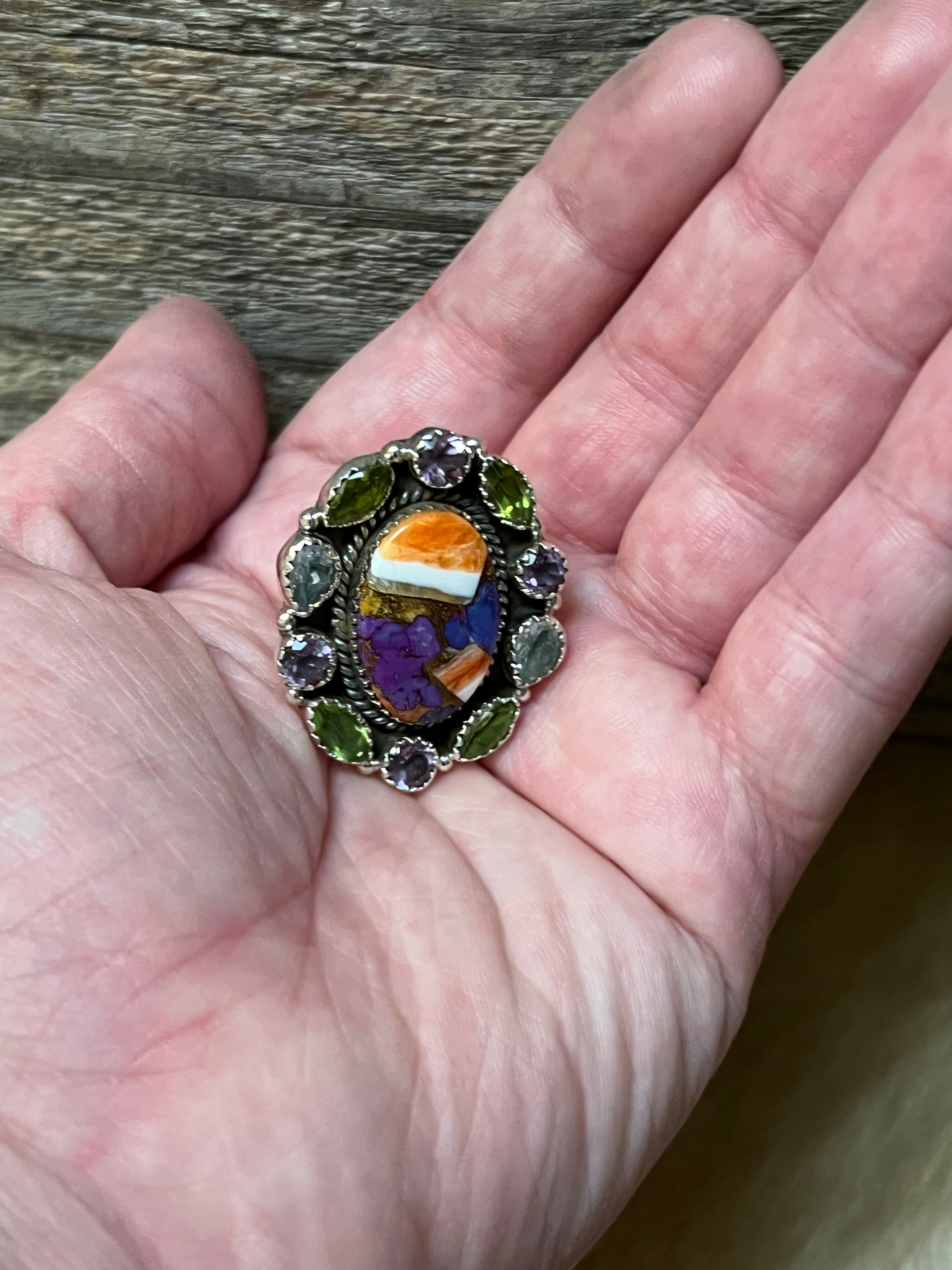 Handmade MultiStone Peridot & Amethyst Sterling Silver Adjustable Ring