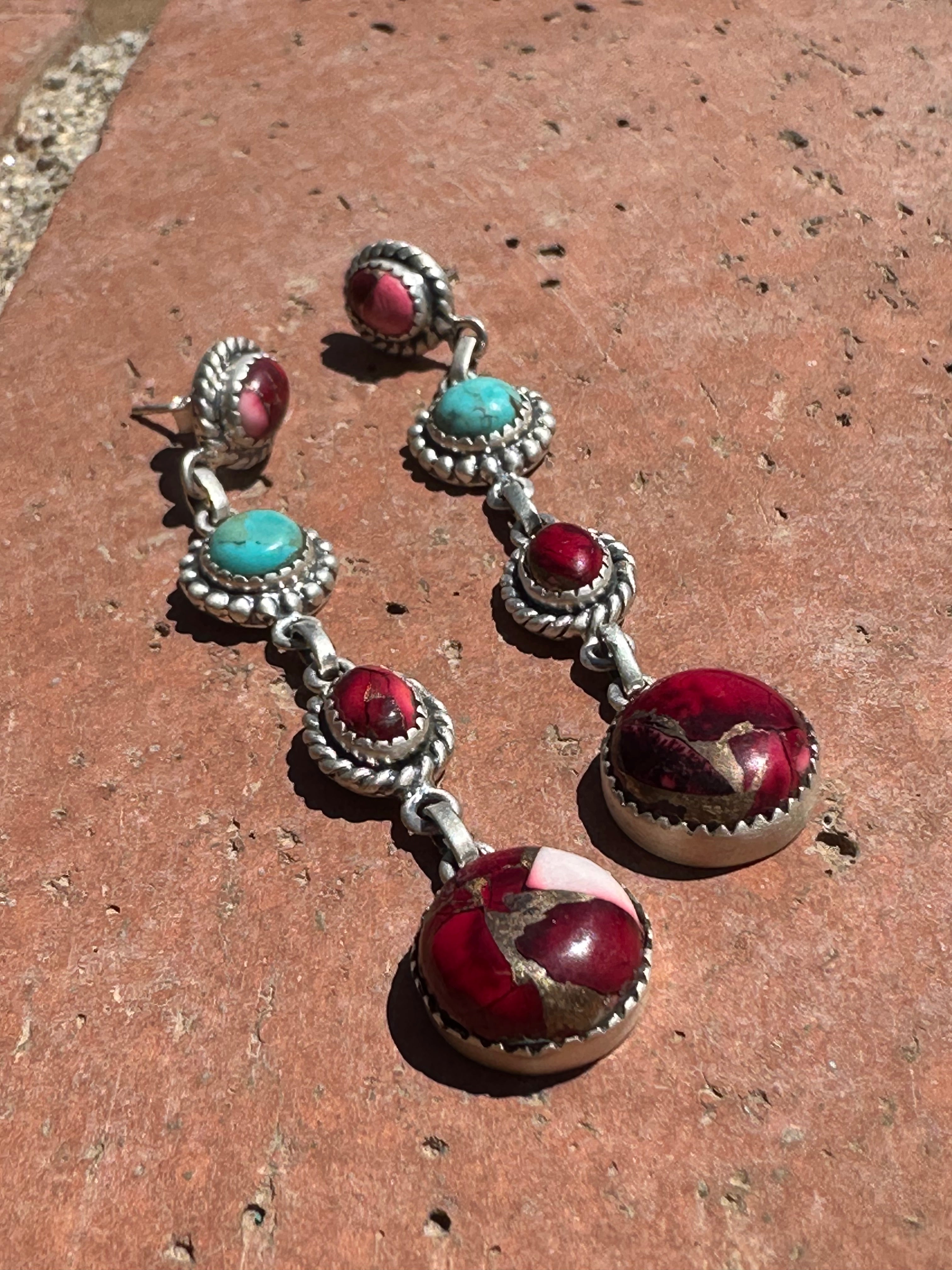 Dahlia Rose & Turquoise Handmade Sterling Silver 4 Stone Dangles