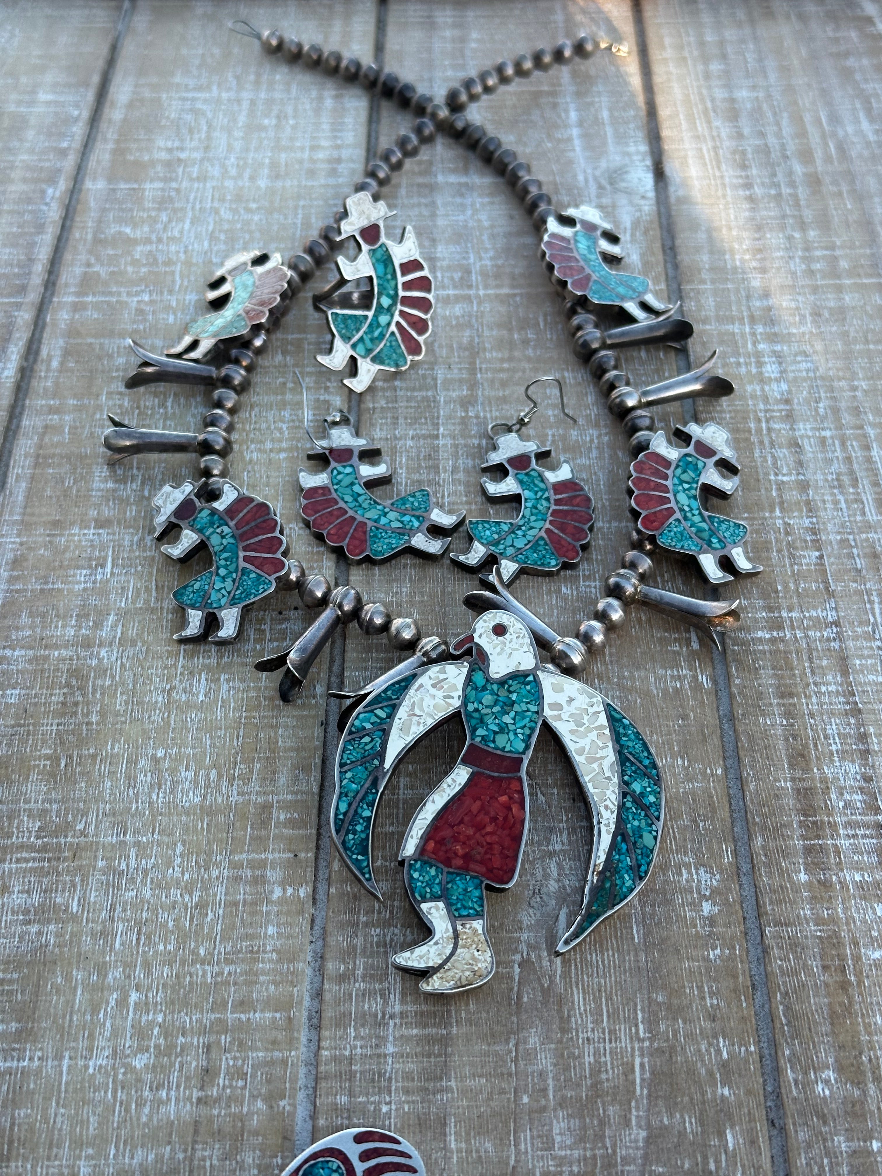Handcrafted Old Pawn Vintage Chip Inlay Eagle Dancer Sterling Silver 5 Piece Jewelry Set