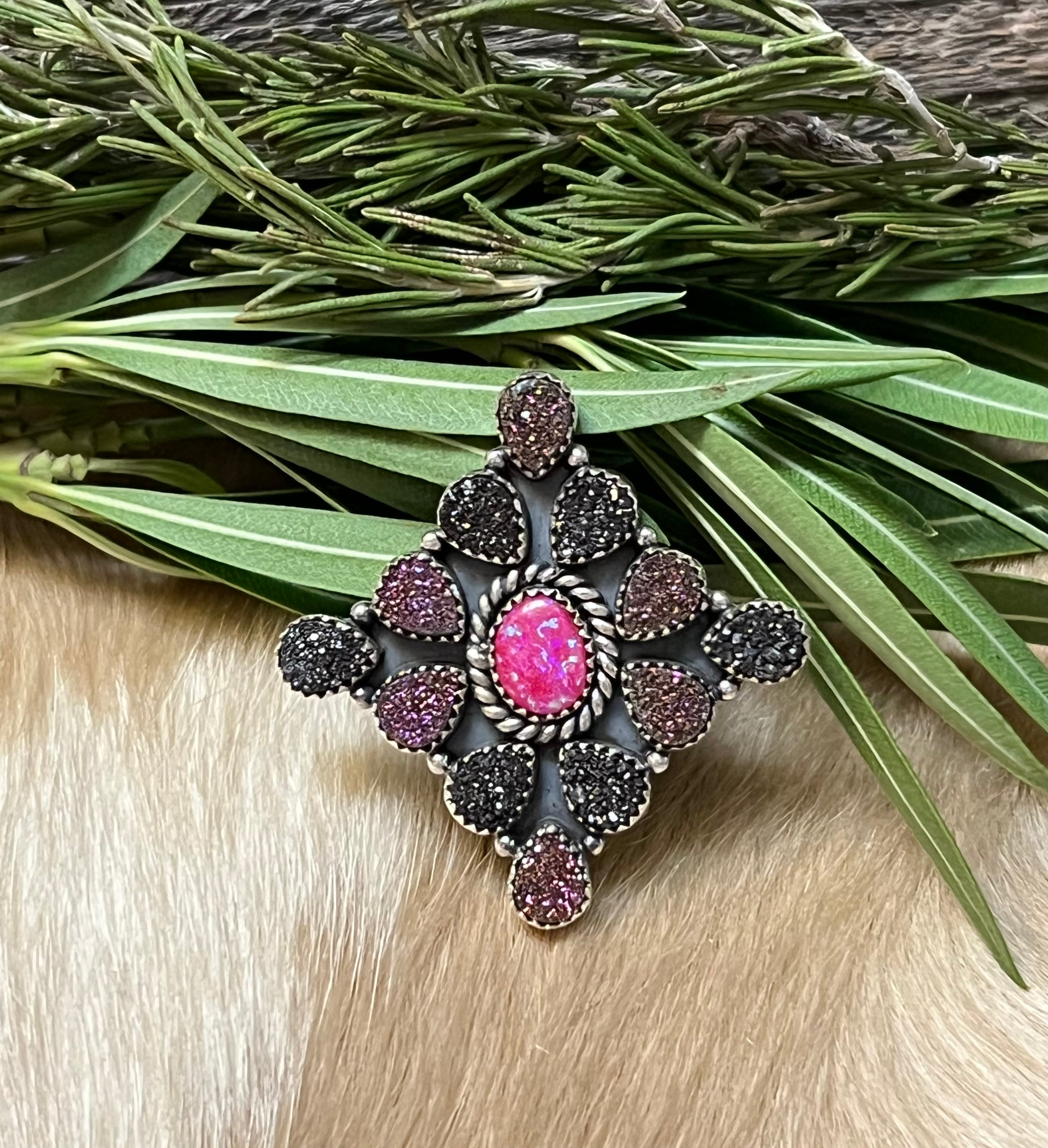 Handmade Pink Opal With Black & Purple Druzy Sterling Silver Adjustable Statement Ring