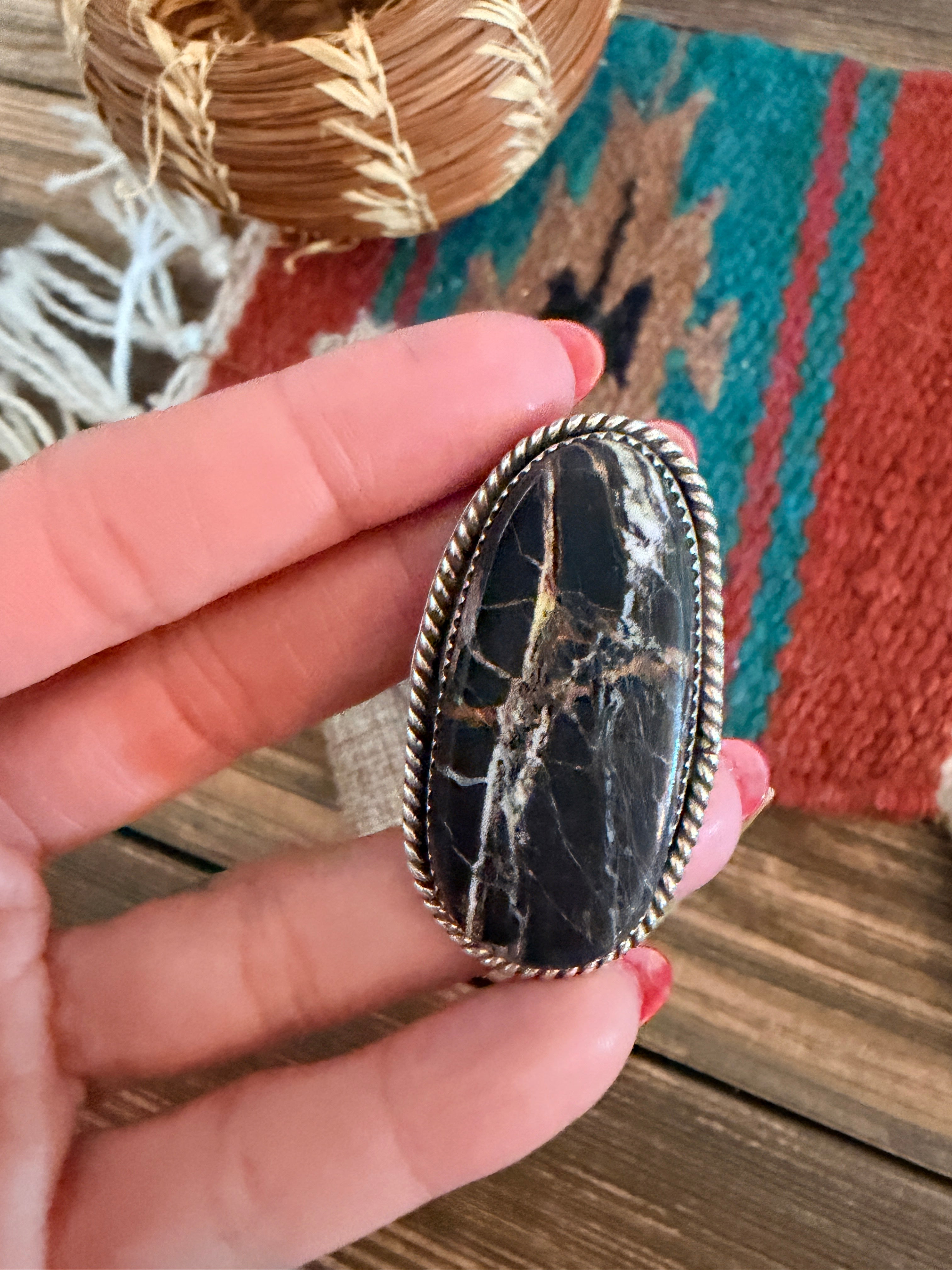 Old Pawn Handcrafted White Buffalo & Sterling Silver Adjustable Ring