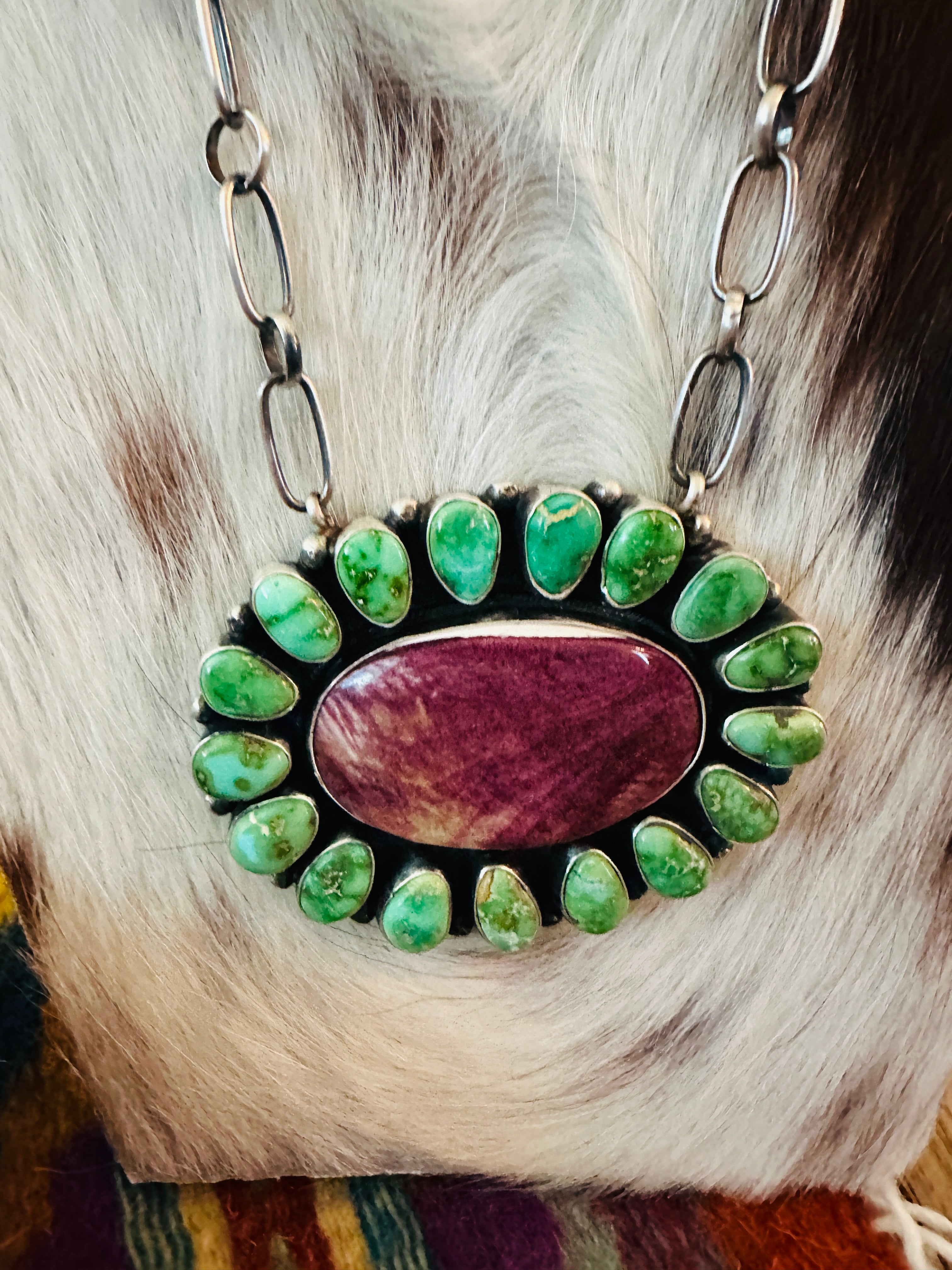 Handcrafted Turquoise, Spiny Oyster & Sterling Silver Cluster Necklace by Sheila Becenti