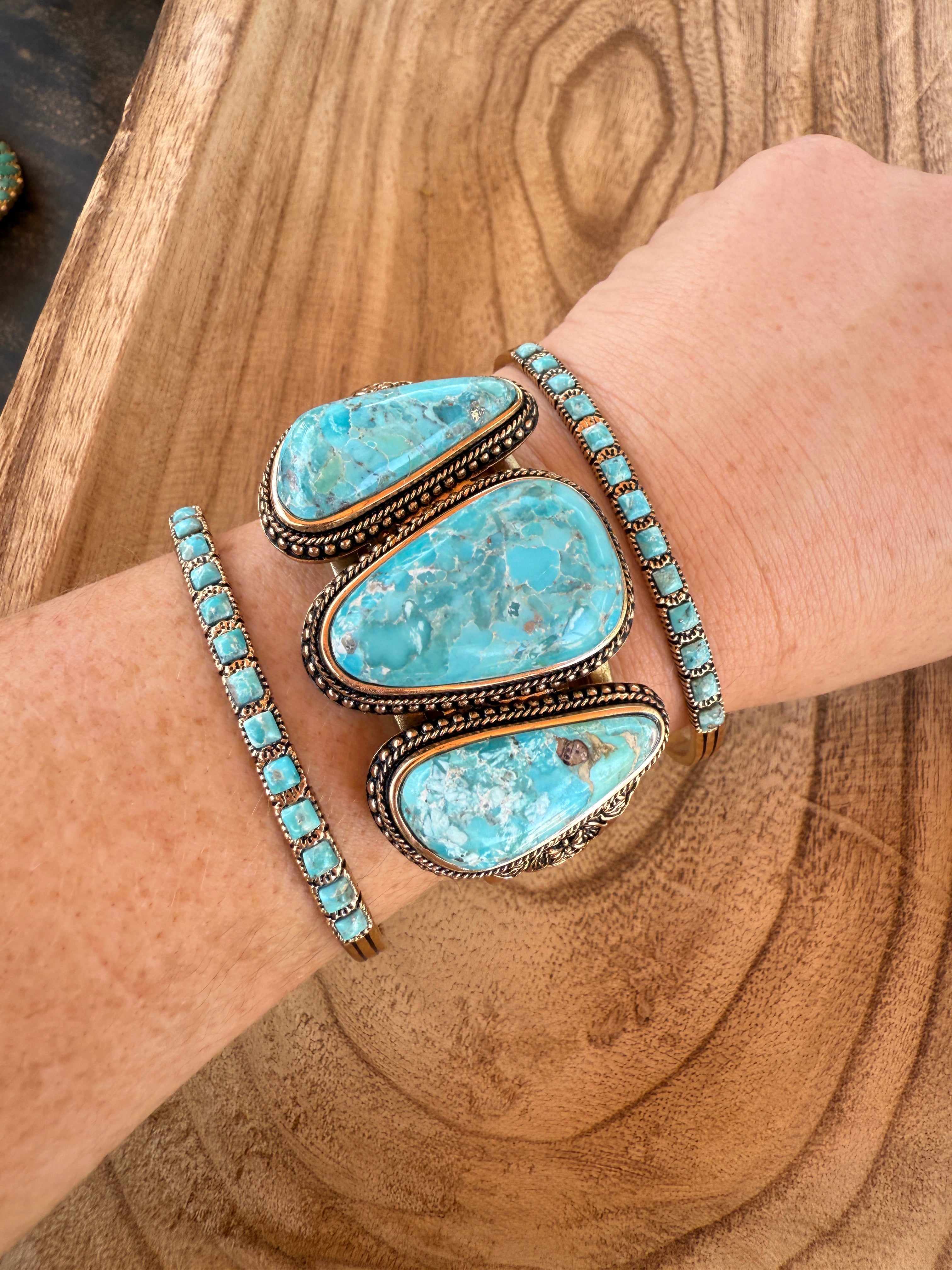 “The Golden Collection” 3 Stone Statement Cuff Handmade Natural Turquoise Gold Plated Adjustable Bracelet Cuff