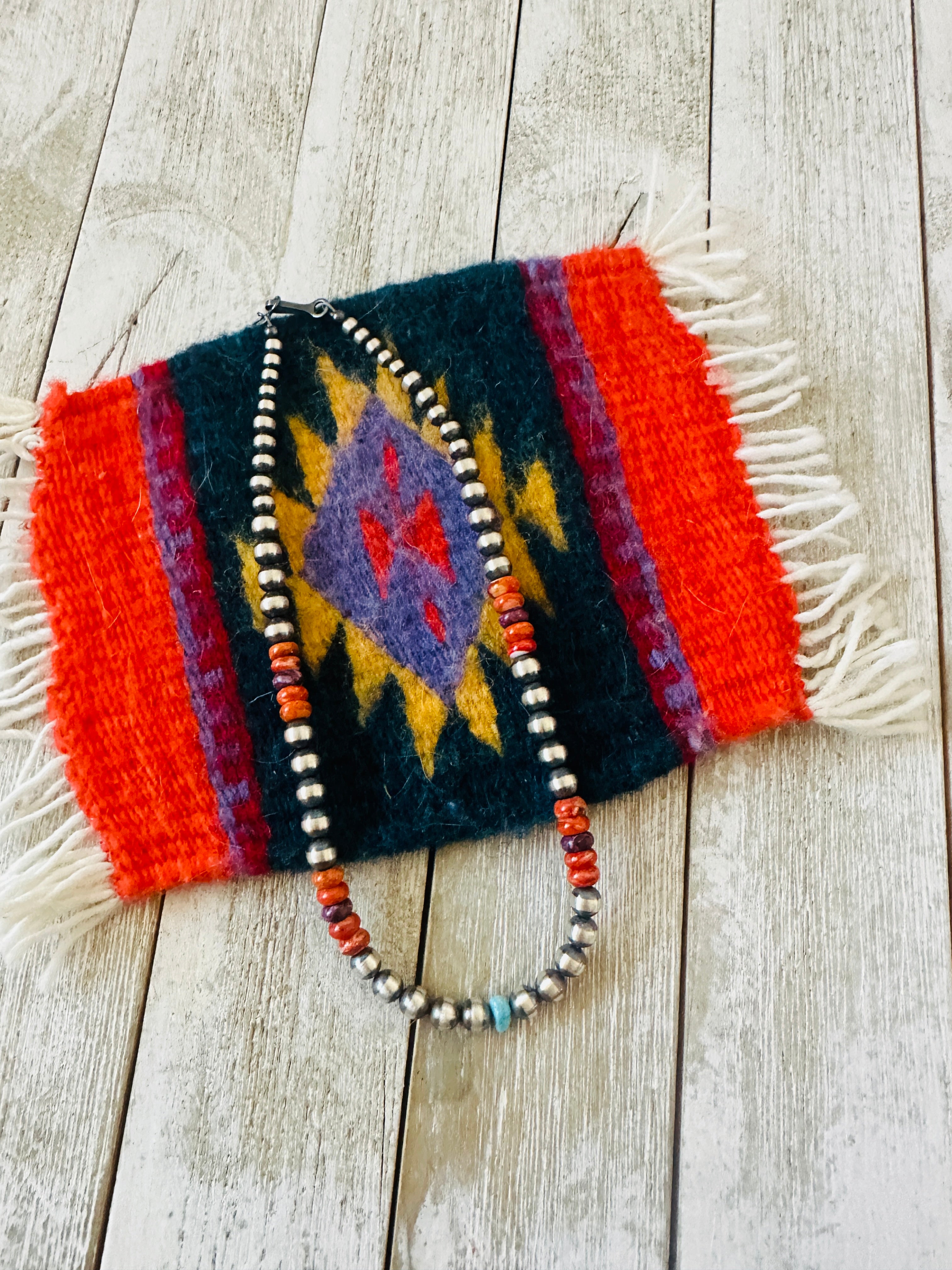 Handcrafted Sterling Silver, Spiny & Turquoise Beaded 14” Necklace