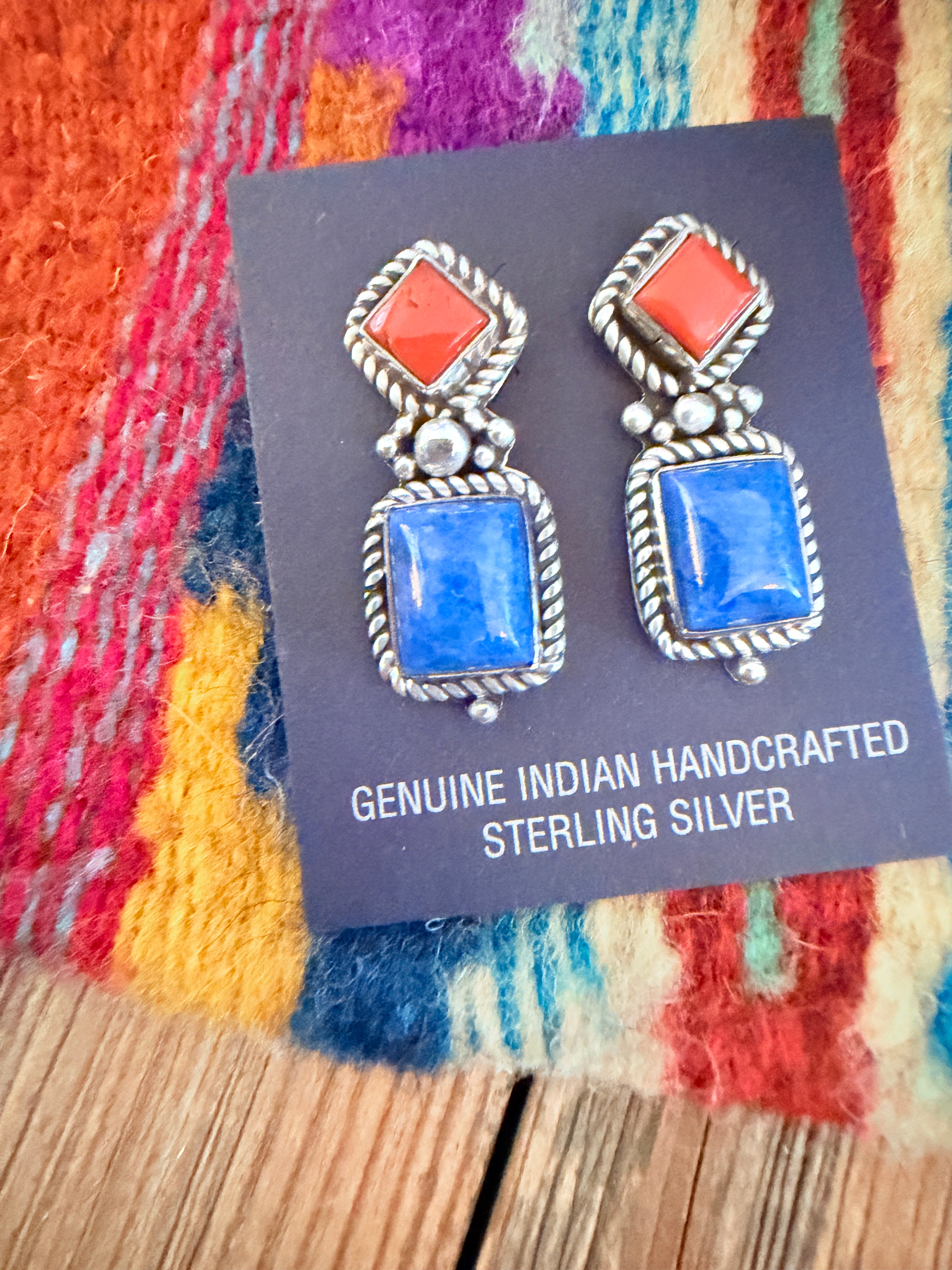 Handcrafted Lapis, Coral & Sterling Silver Dangle Earrings