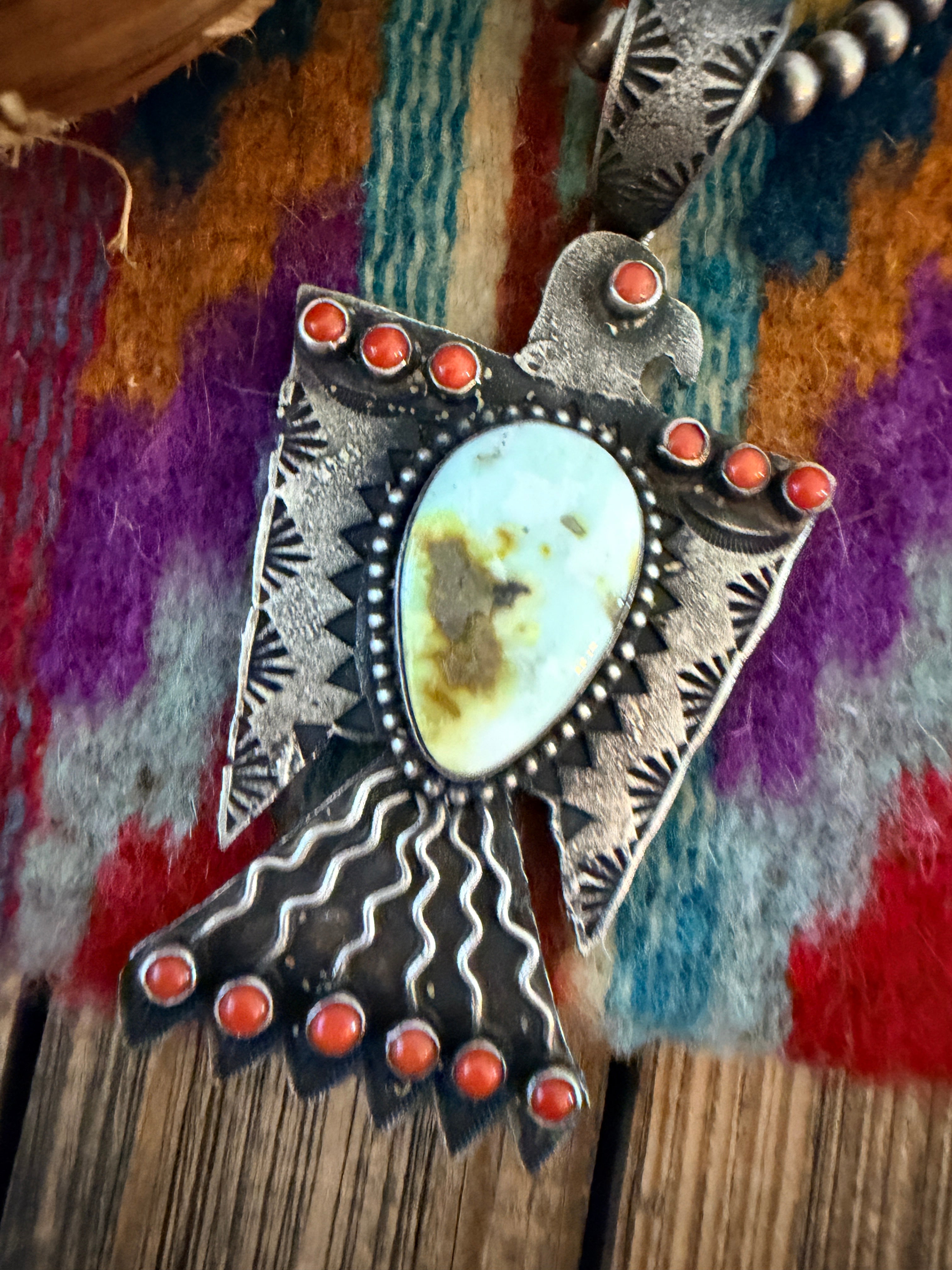 Handcrafted Sterling Silver, Turquoise & Coral Thunderbird Pendant by Shawn Cayatineto