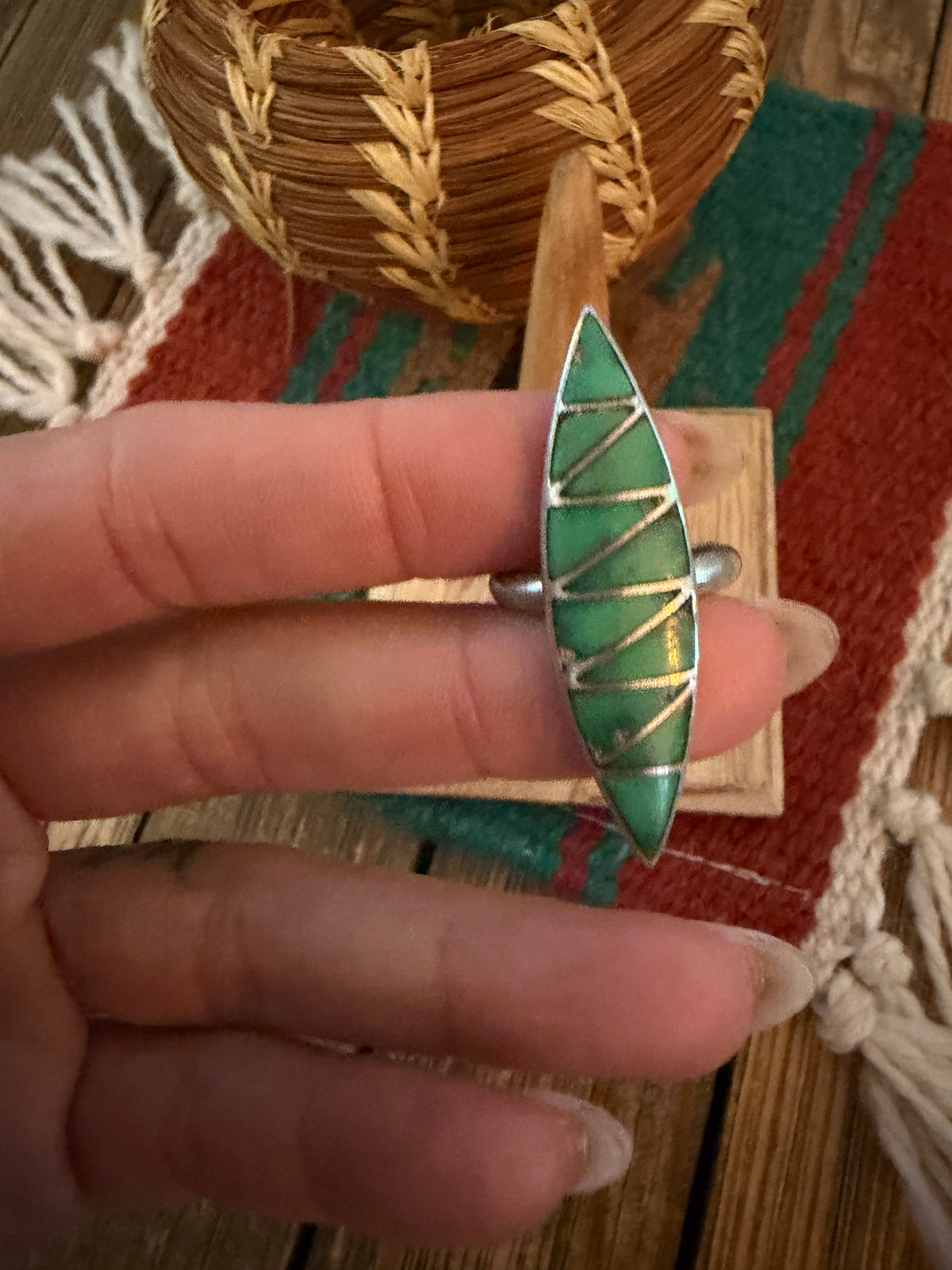 Old Pawn Handcrafted Turquoise & Sterling Silver Inlay Ring Size 5.75