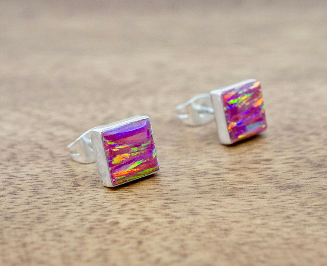 Square Pink Opal Sterling Silver Stud Earrings