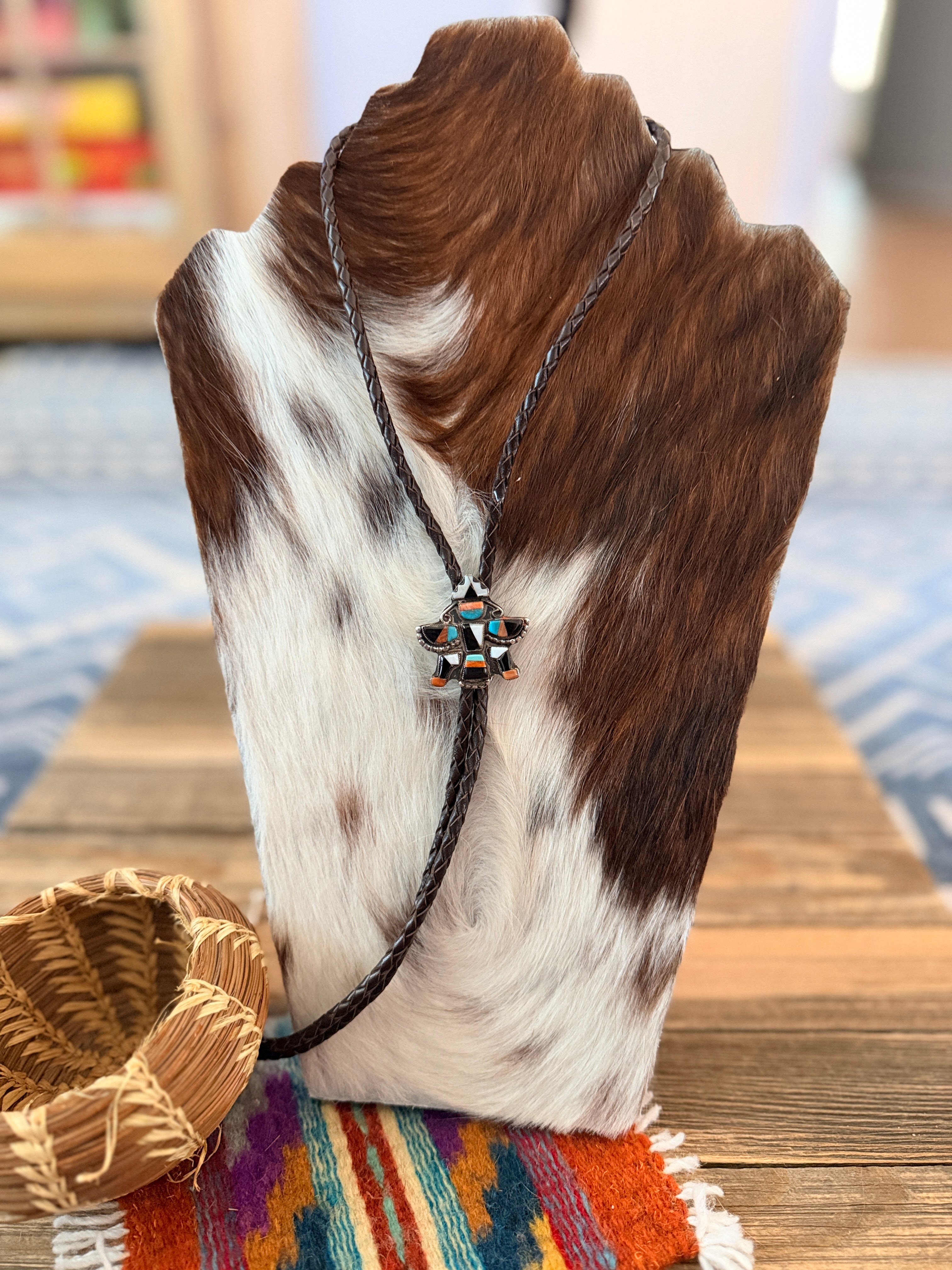 Handcrafted Vintage Old Pawn Sterling Silver & Multi Stone Inlay Thunderbird Bolo Tie