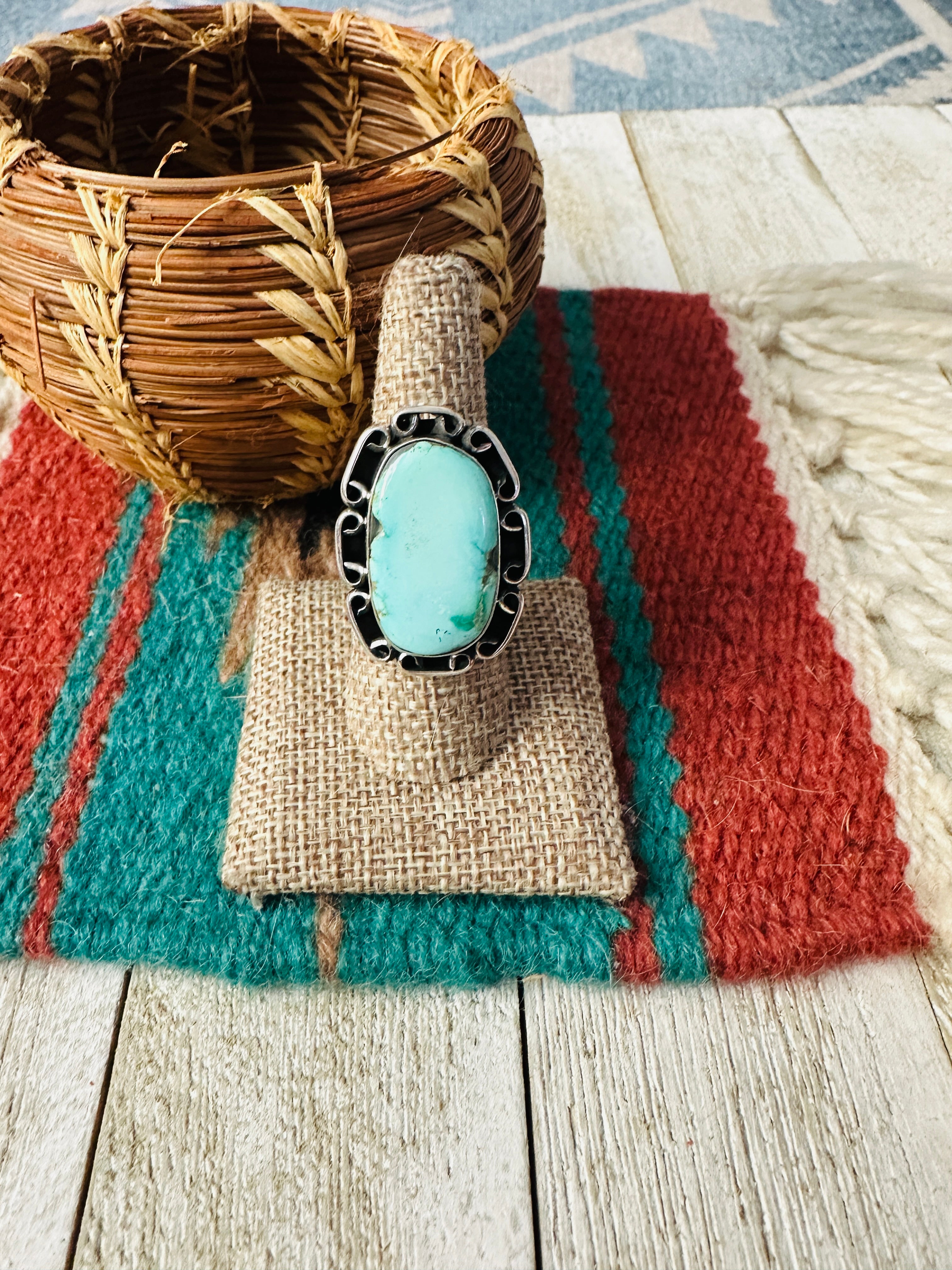 Handcrafted Carico Lake Turquoise & Sterling Silver Ring size 8