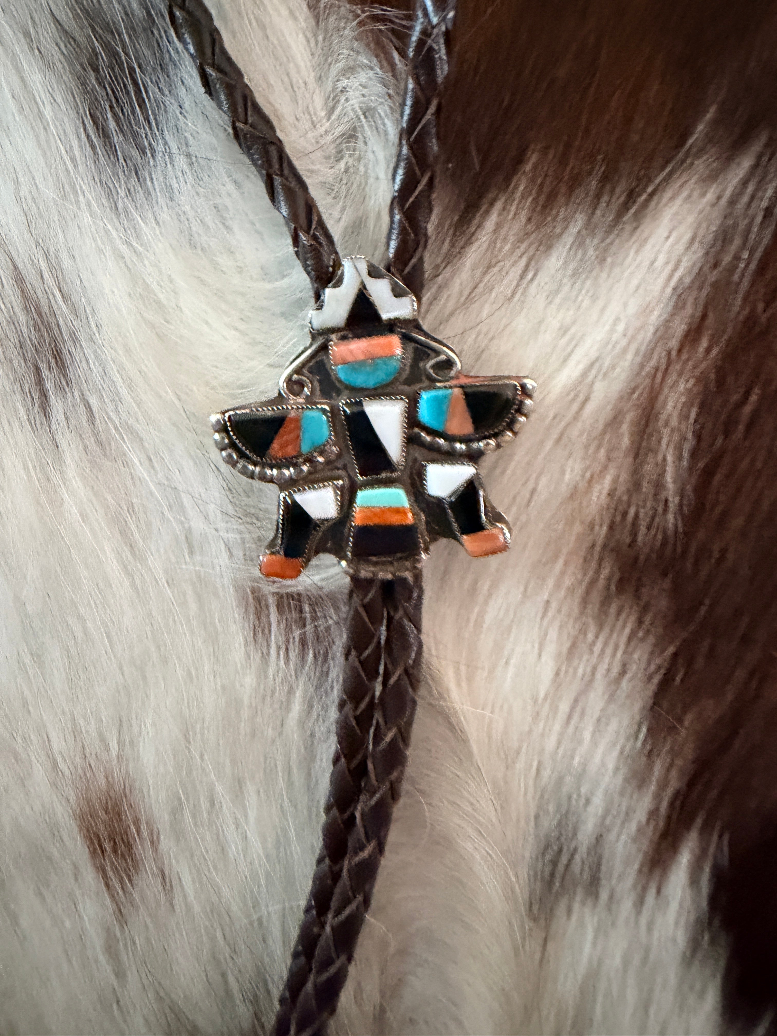 Handcrafted Vintage Old Pawn Sterling Silver & Multi Stone Inlay Thunderbird Bolo Tie