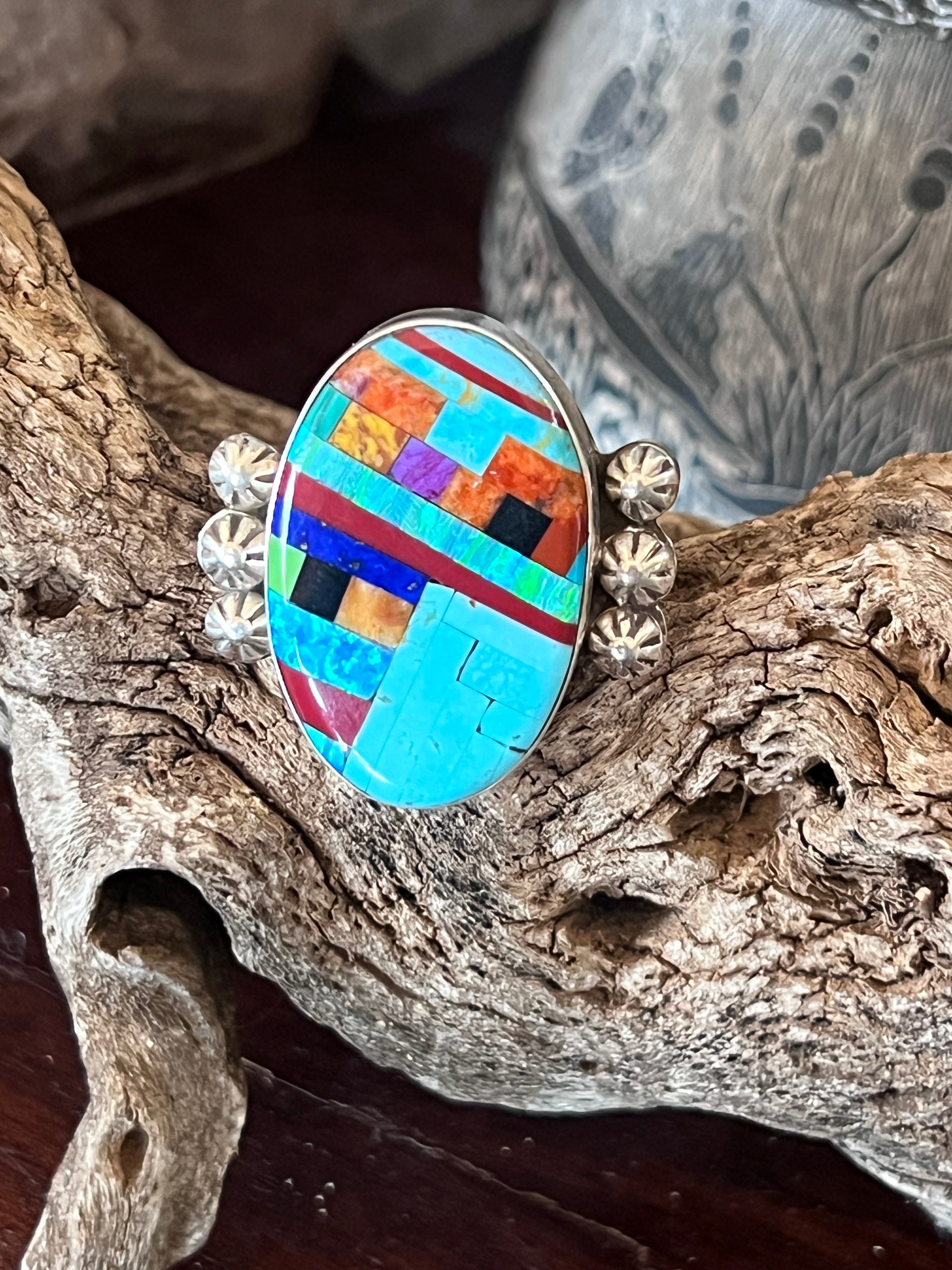 Ronald Chavez Sterling Silver Oval Mosaic Multistone Ring, Size 9-1/2