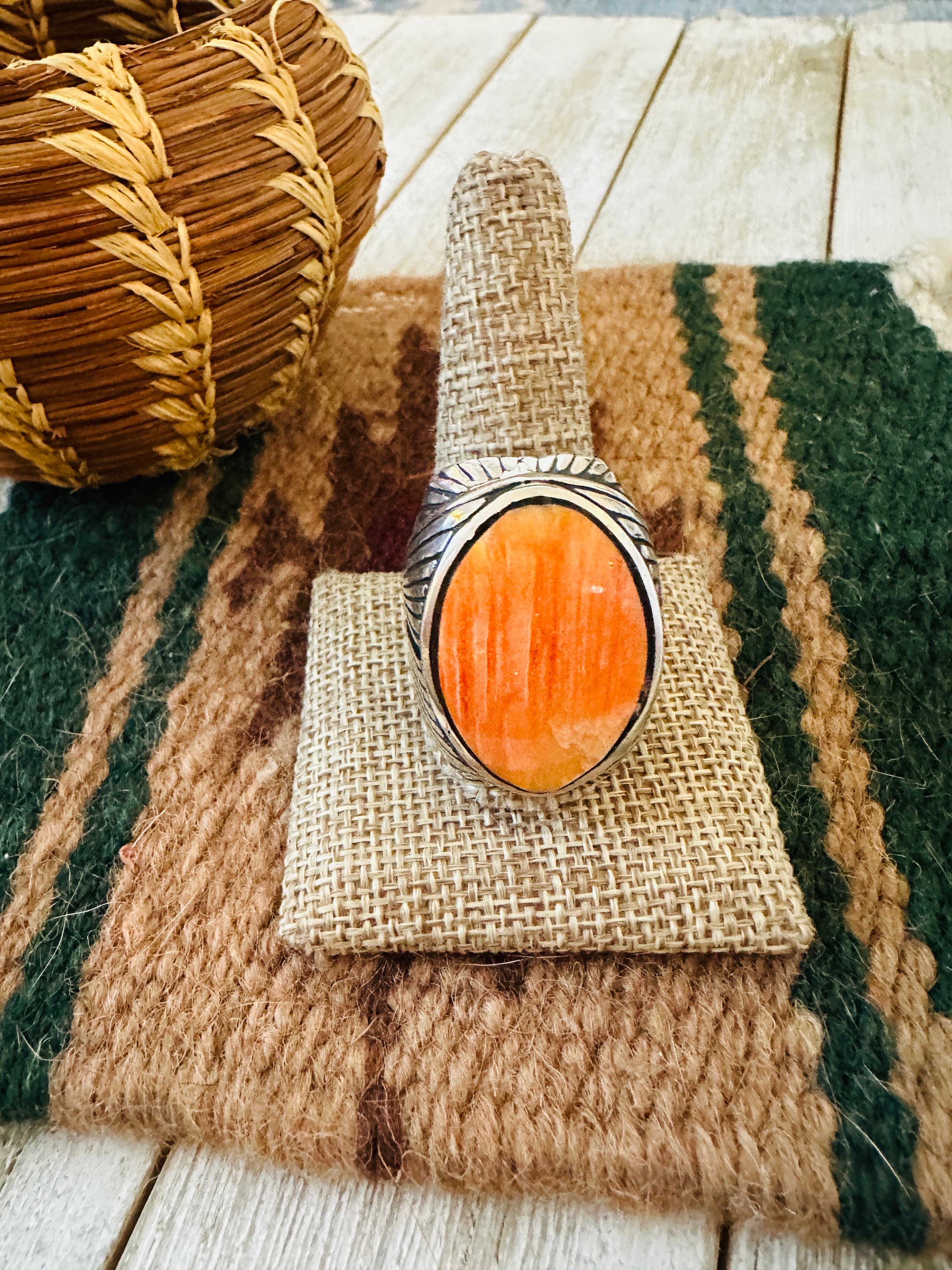 Handcrafted Old Pawn Sterling Silver & Orange Spiny Men’s Ring Size 12