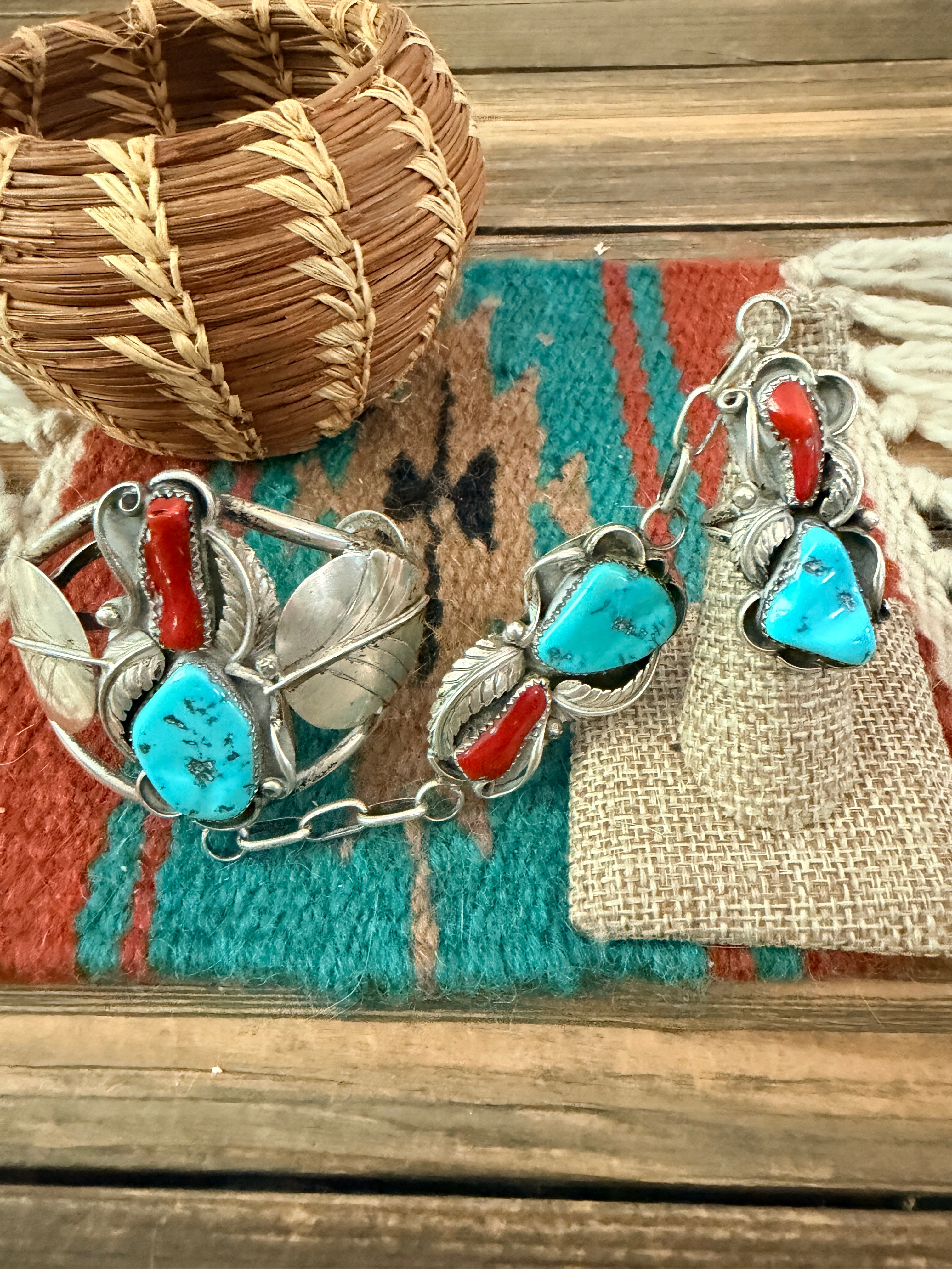 Handcrafted Old Pawn Turquoise, Coral & Sterling Silver Cuff Bracelet with Hand Chain