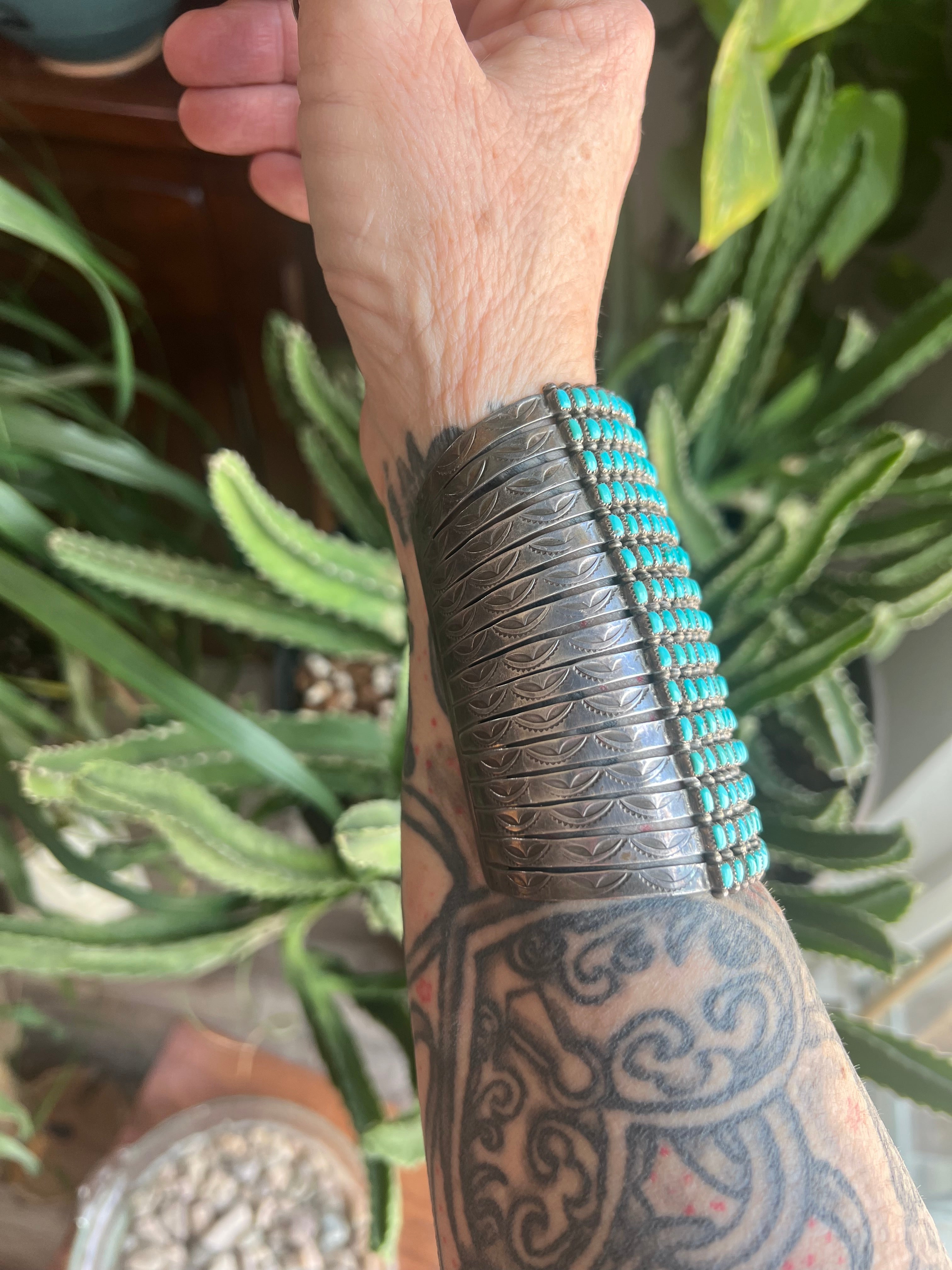Handcrafted Stunning Old Pawn 15 Row Sterling Silver & Turquoise Gauntlet Style Cuff Bracelet by Clark Couyancy /