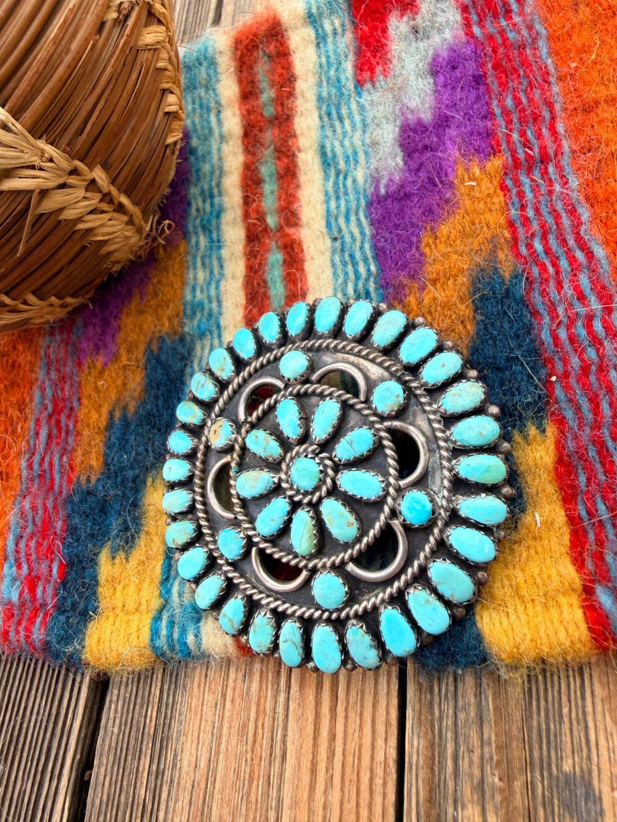 Old Pawn Handcrafted Turquoise and Sterling Silver Cluster Brooch/ Pendant