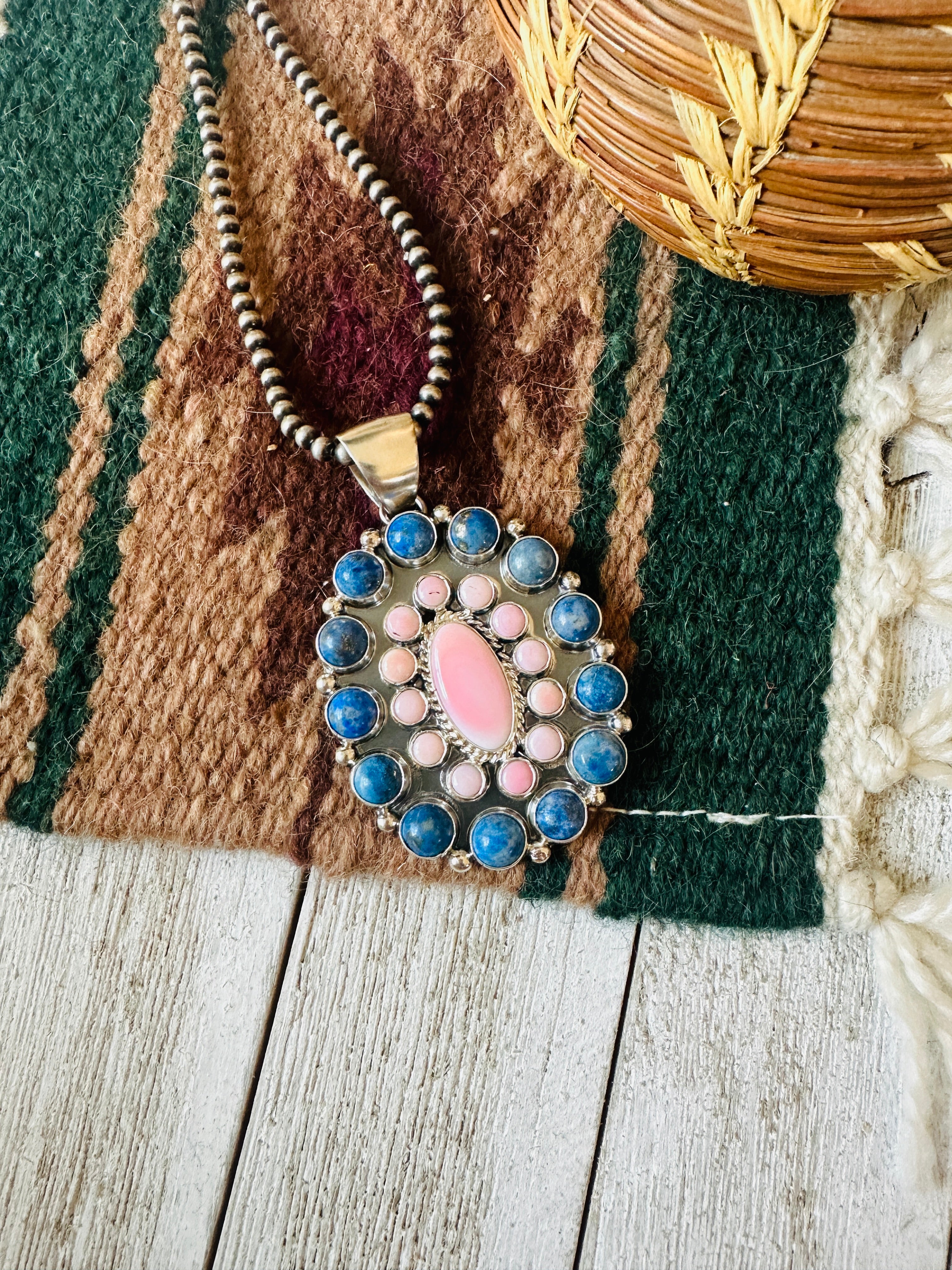 Handcrafted Queen Pink Conch, Lapis & Sterling Silver Cluster Pendant