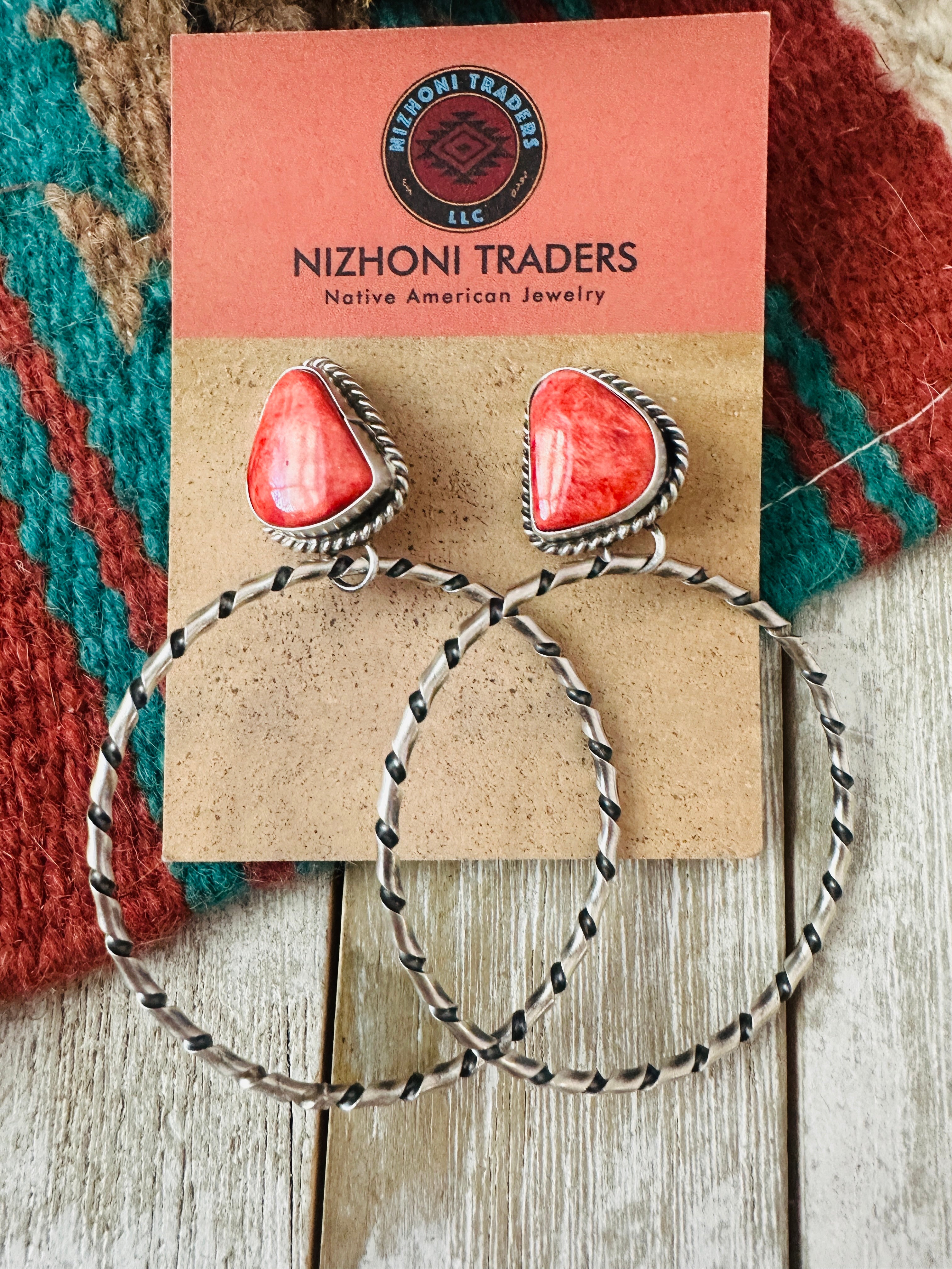 Navajo Orange Spiny and Sterling Silver Dangle Hoop Earrings