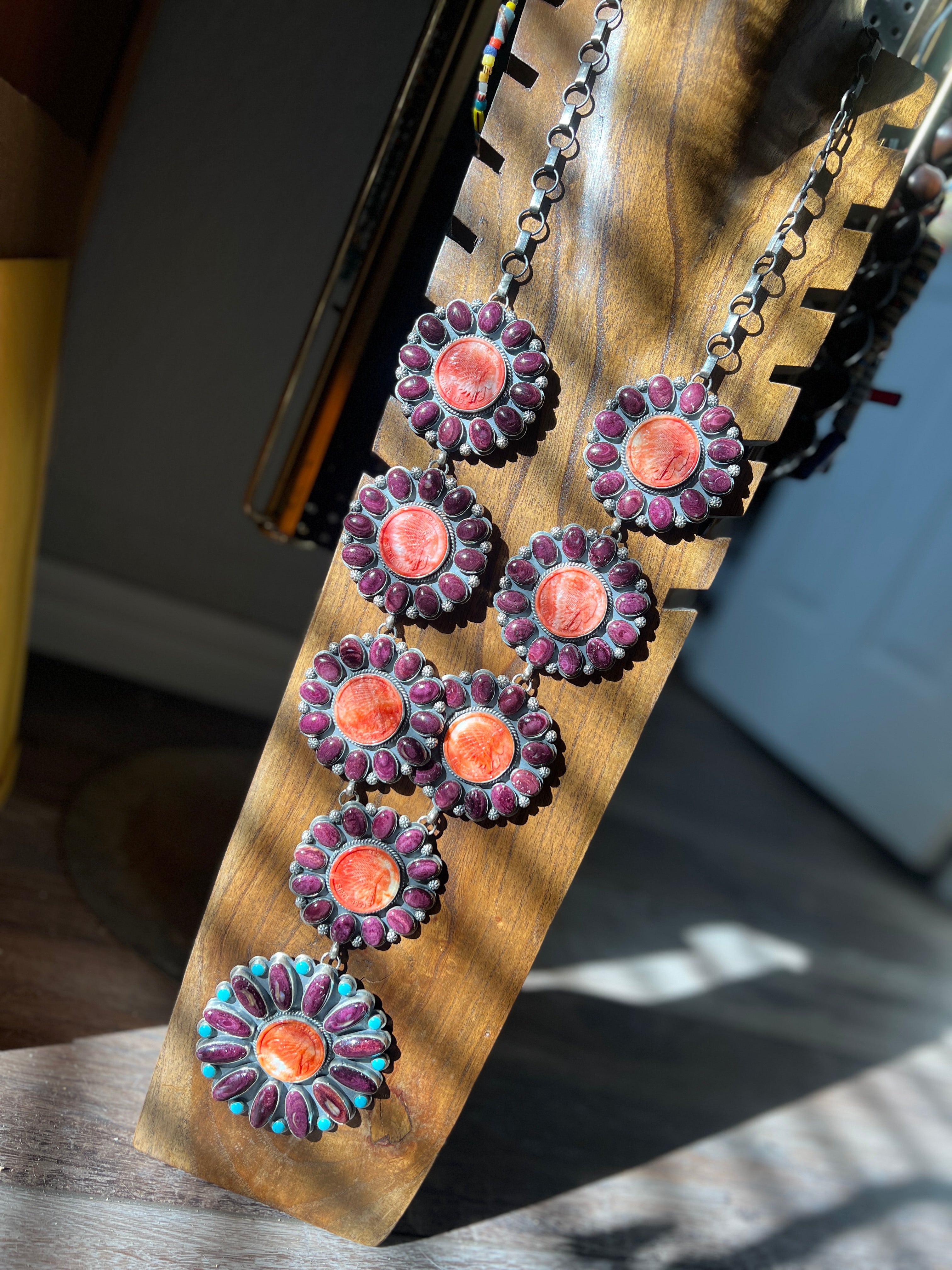 Handcrafted Stunning Sterling Silver, Carved Spiny Oyster and Turquoise Necklace by Gilbert Platero