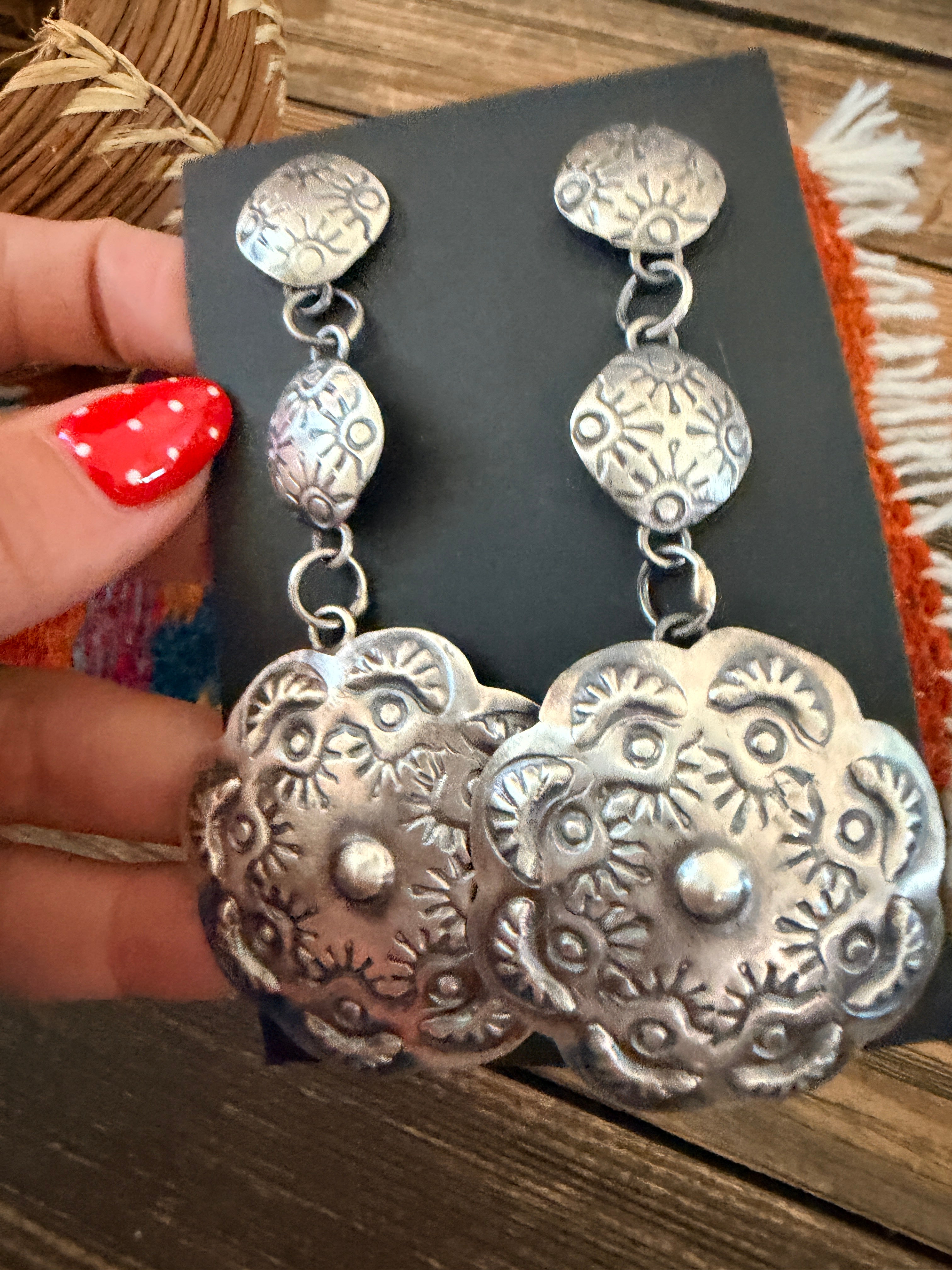 Handcrafted Sterling Silver Concho Dangle Earrings by Gabrielle Yazzie