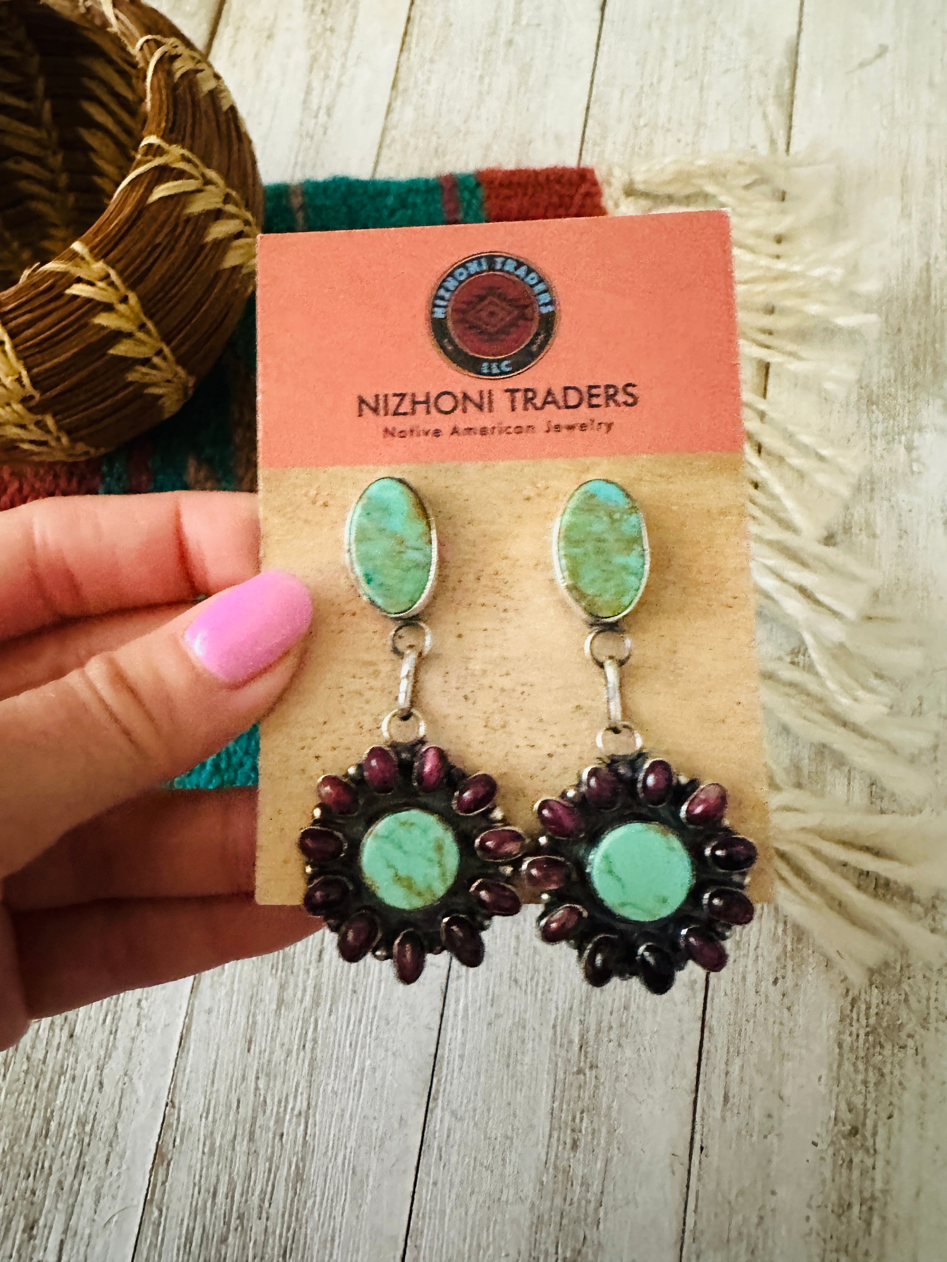Handcrafted Turquoise, Spiny & Sterling Silver Dangle Earrings by Jacqueline Silver