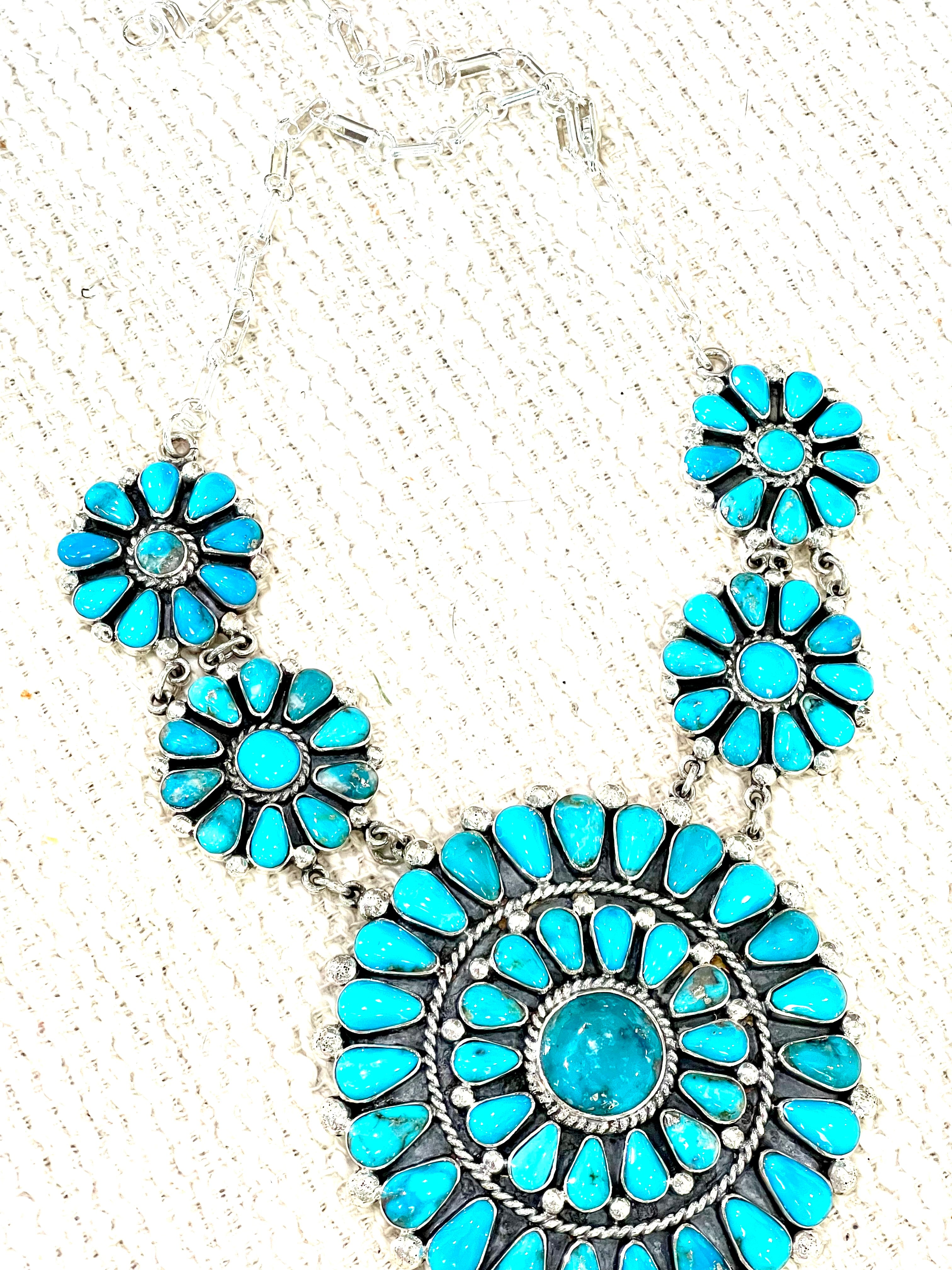 Gorgeous Handmade Turquoise & Sterling Silver Cluster Necklace
