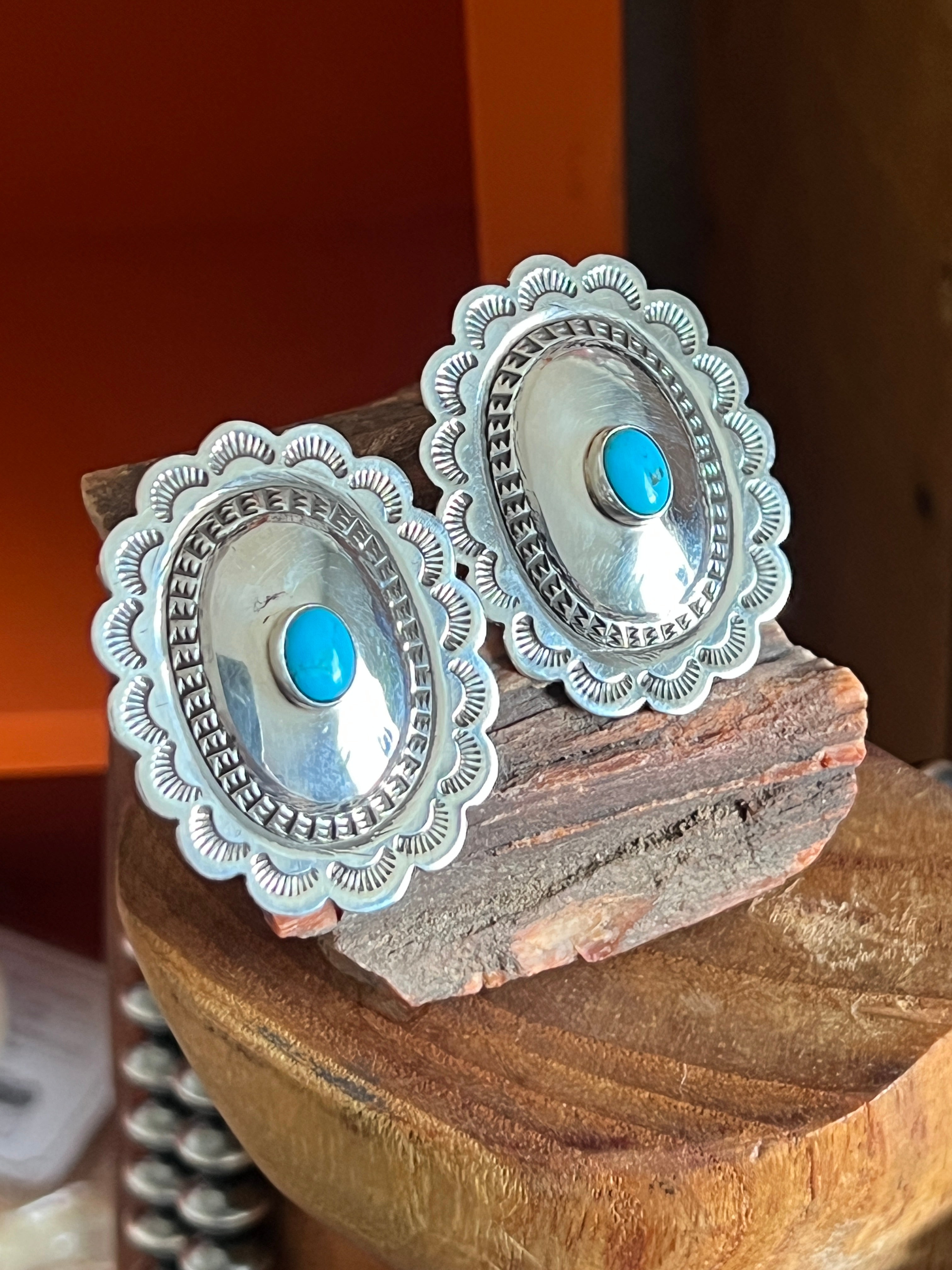 Handcrafted Bohemian Bliss Sterling Silver and Turquoise Concho Post Earrings by Annabelle (Kee) Lantana