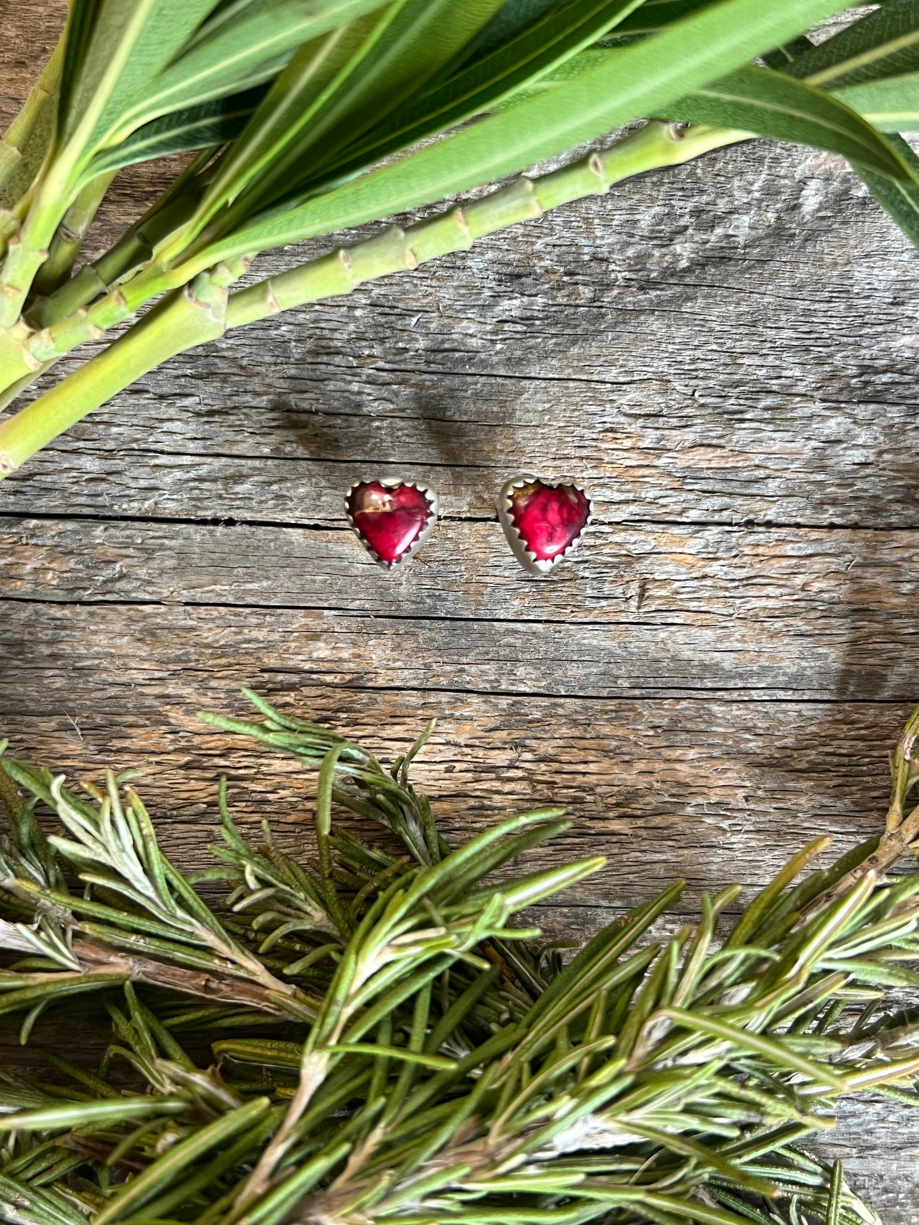 Handmade Red Dahlia Heart Sterling Silver Stud Earrings