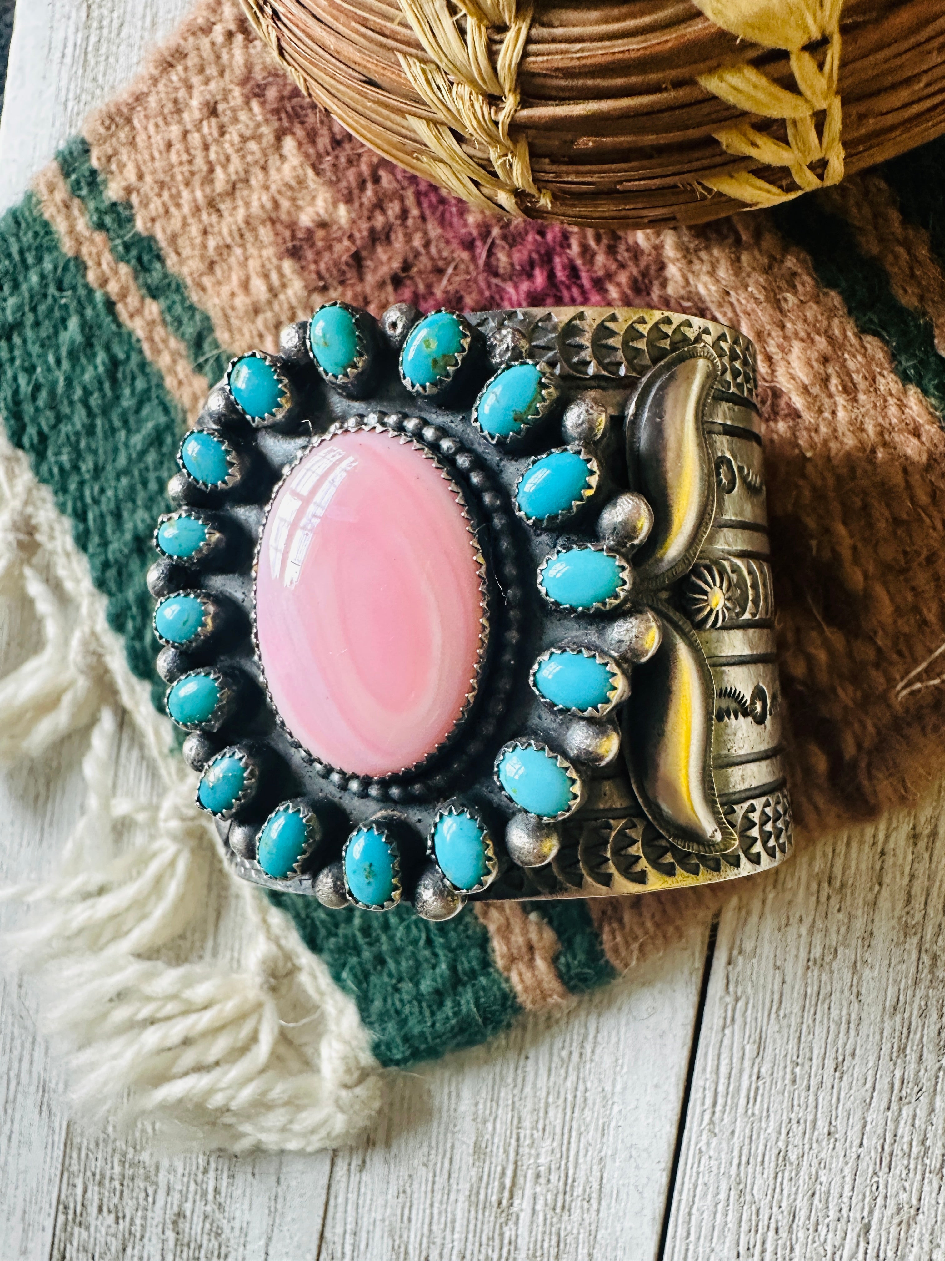 Sterling Silver, Turquoise & Queen Pink Conch Cuff Bracelet /
