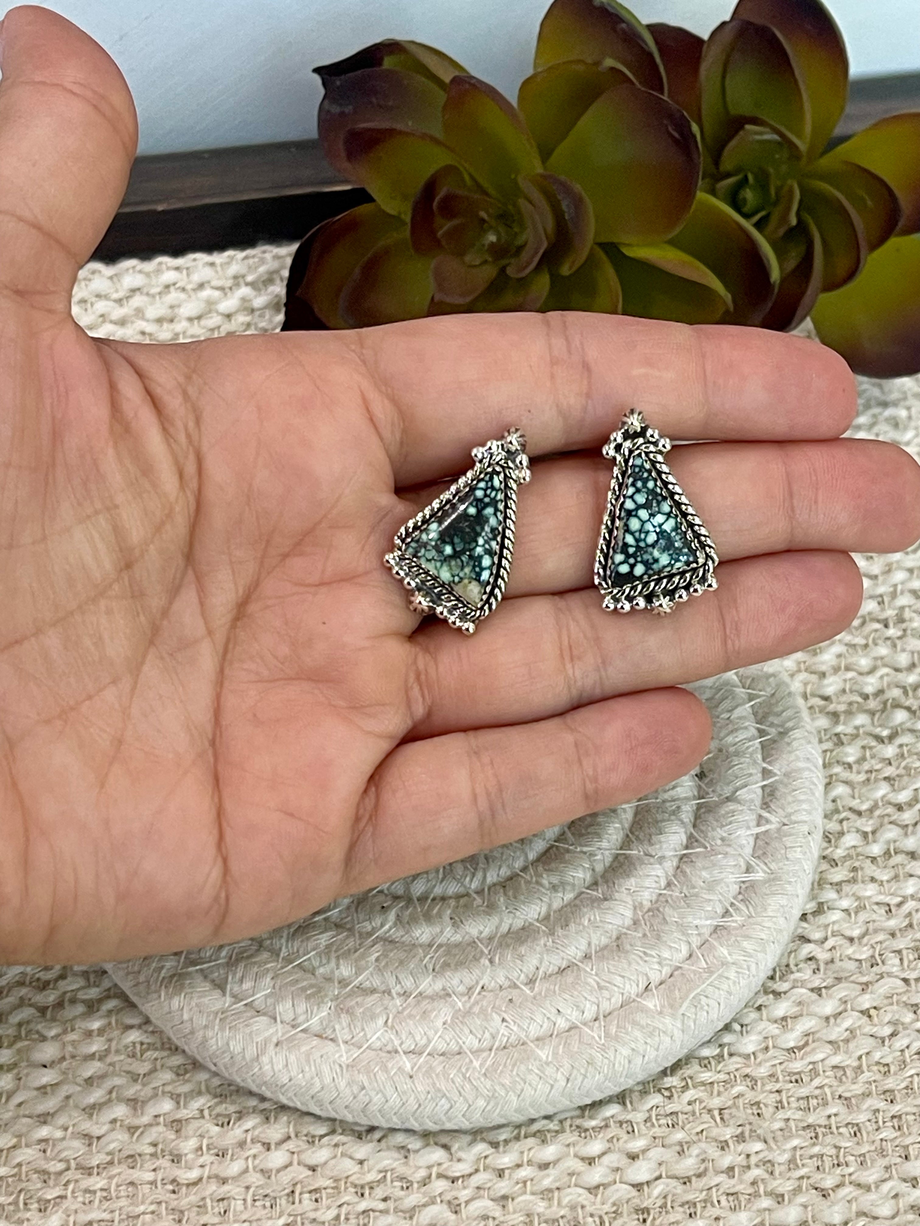 Handmade New Lander Turquoise and Sterling Silver Post Earring