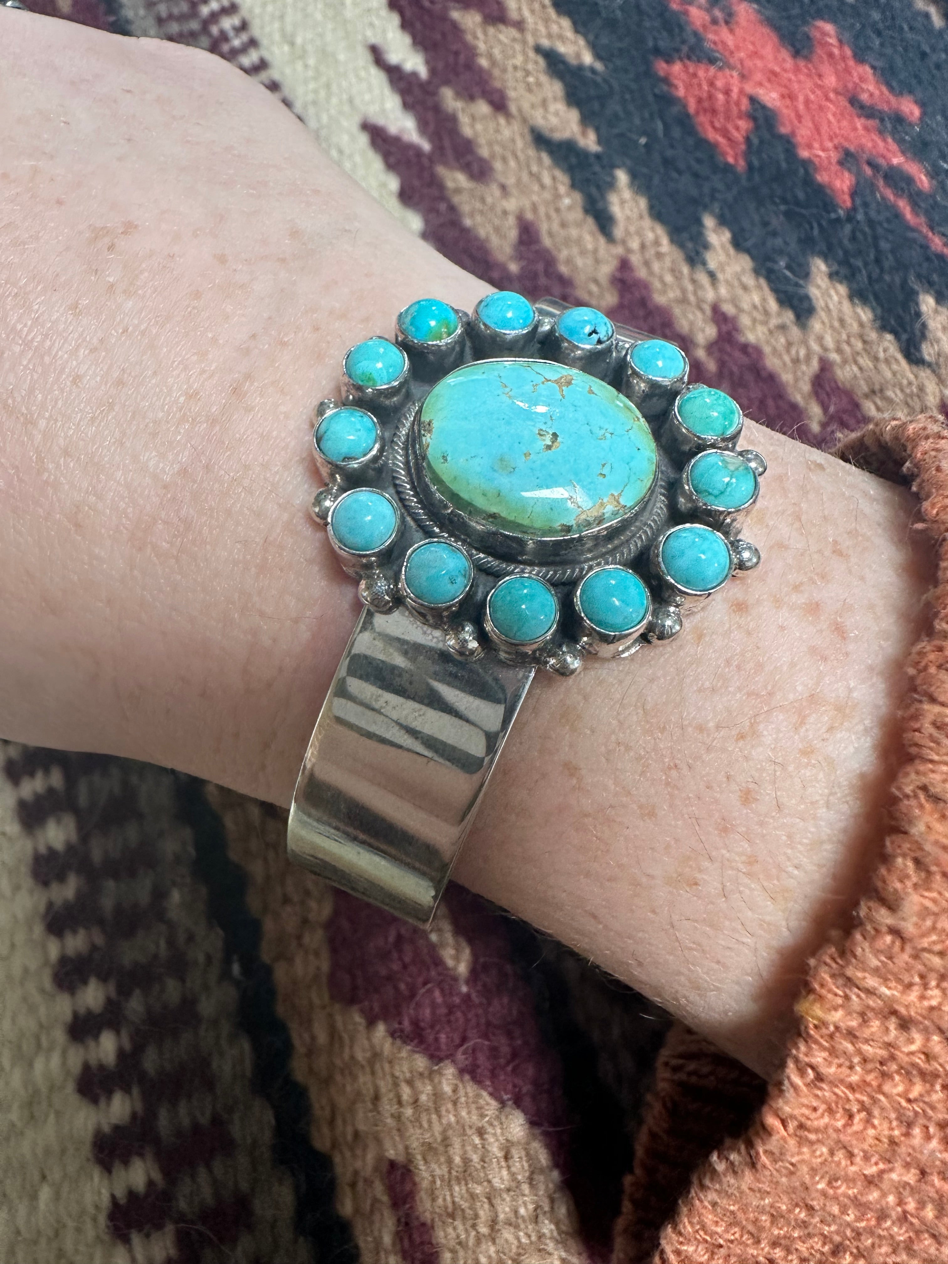 Beautiful B Johnson Navajo Sterling Turquoise Cluster Bracelet Cuff Signed /