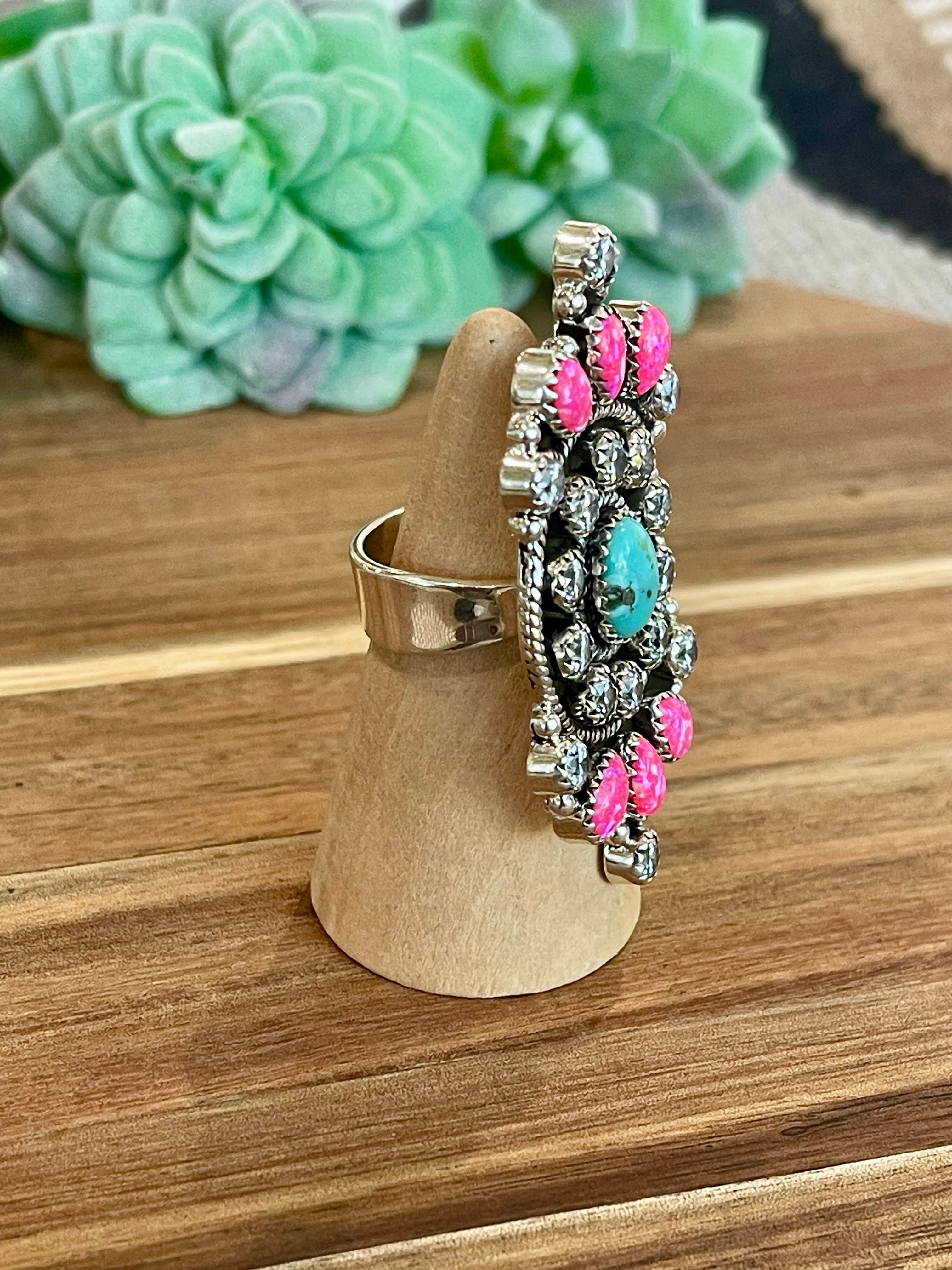 Handmade Pink Fire Opal, Opal, Cubic Zirconia And Sterling Silver Adjustable Ring Signed Nizhoni