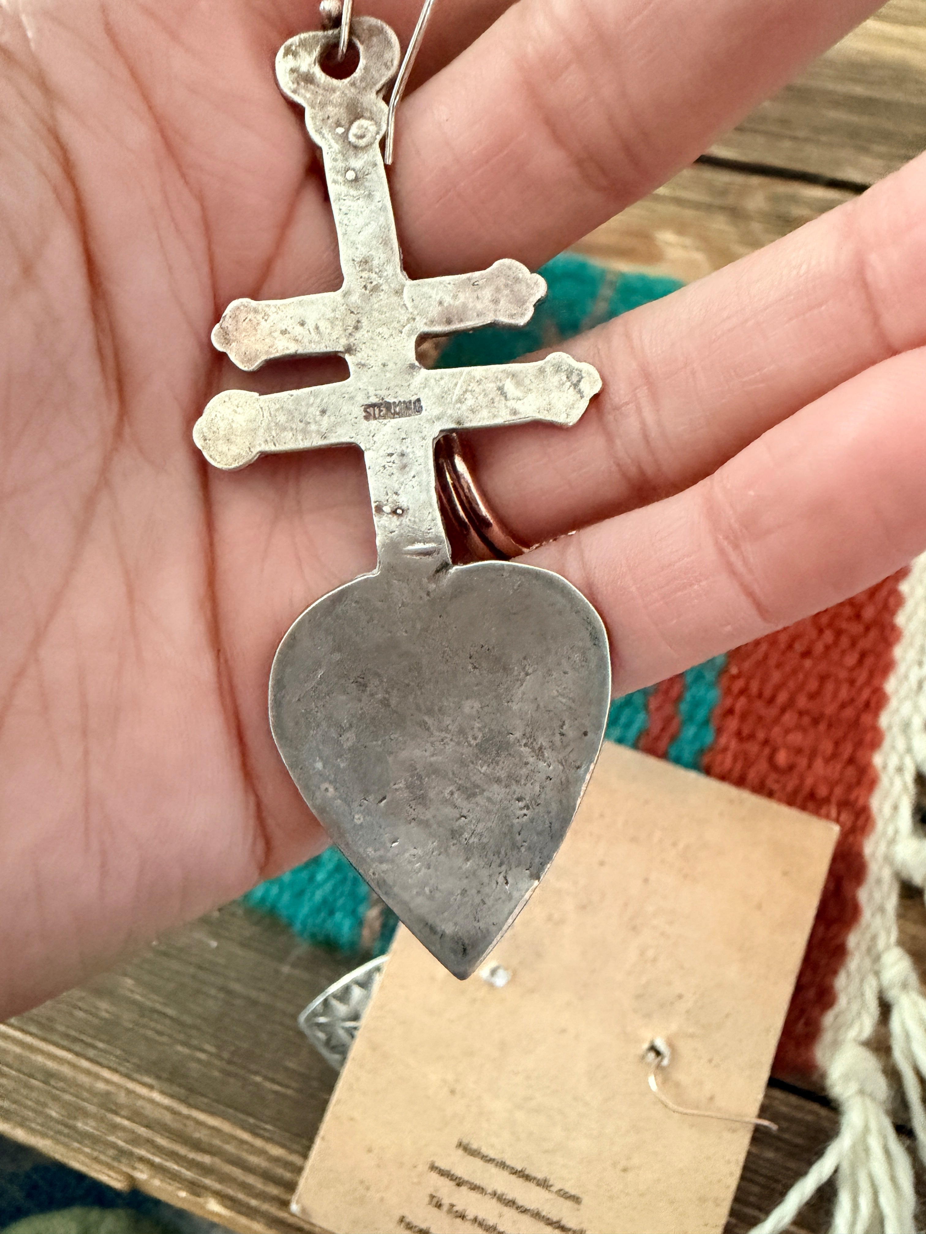 Old Pawn Handcrafted Sterling Silver Heart Cross Dangle Earrings
