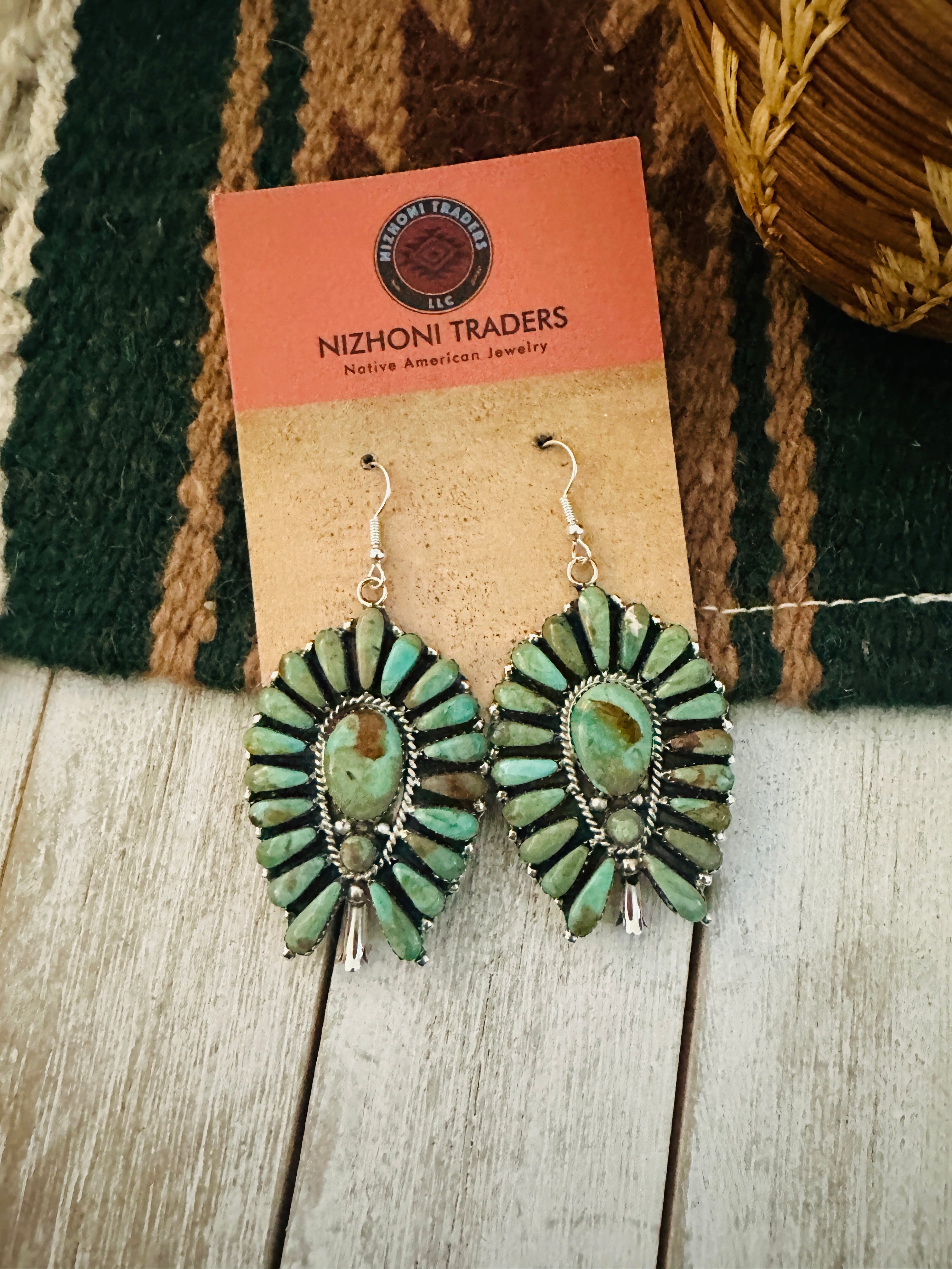 Handcrafted Royston Turquoise & Sterling Silver Cluster Blossom Dangle Earrings