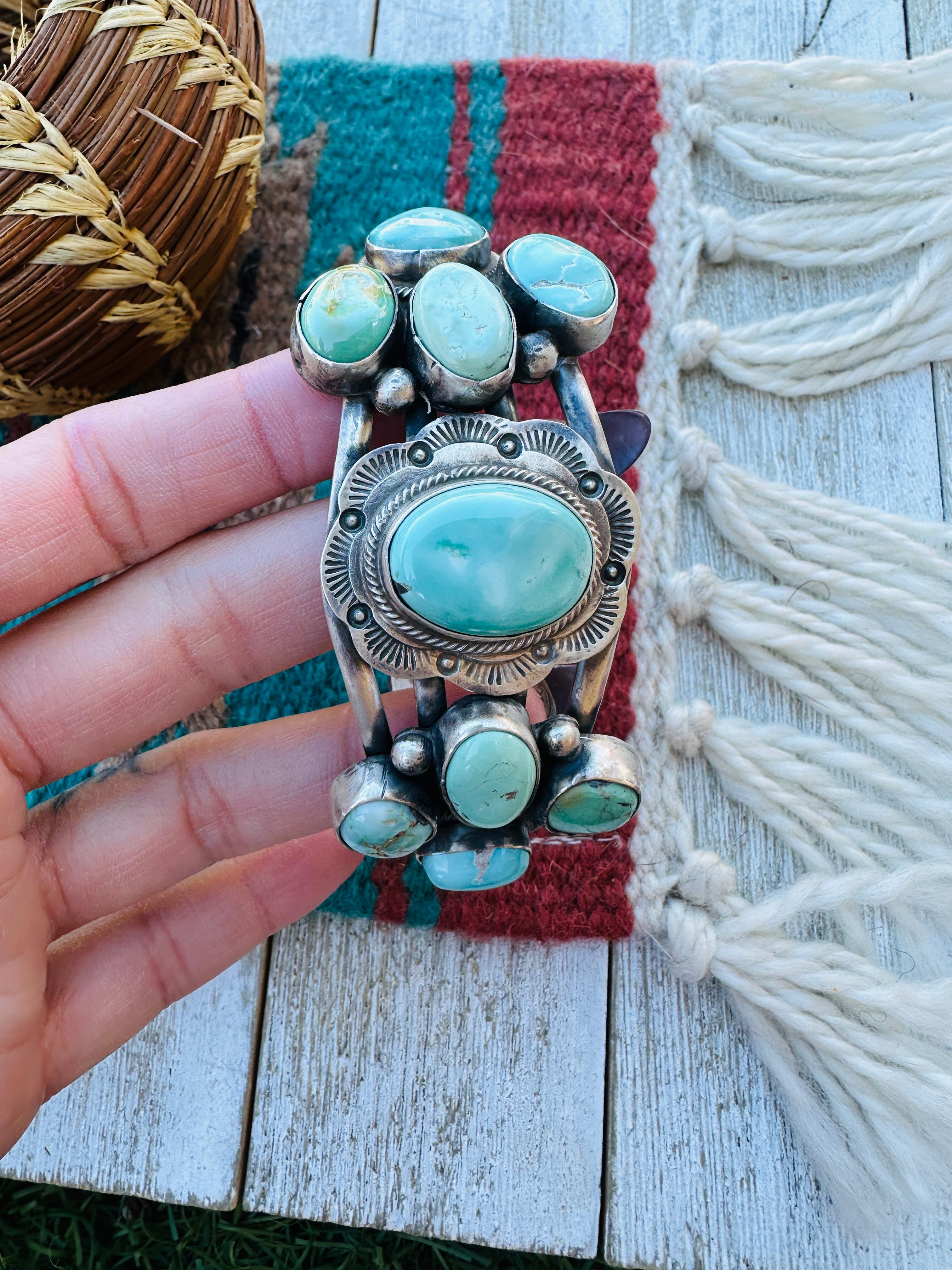 Handcrafted Sterling Silver & Carico Lake Turquoise Cluster Cuff Bracelet by Bobby Johnson