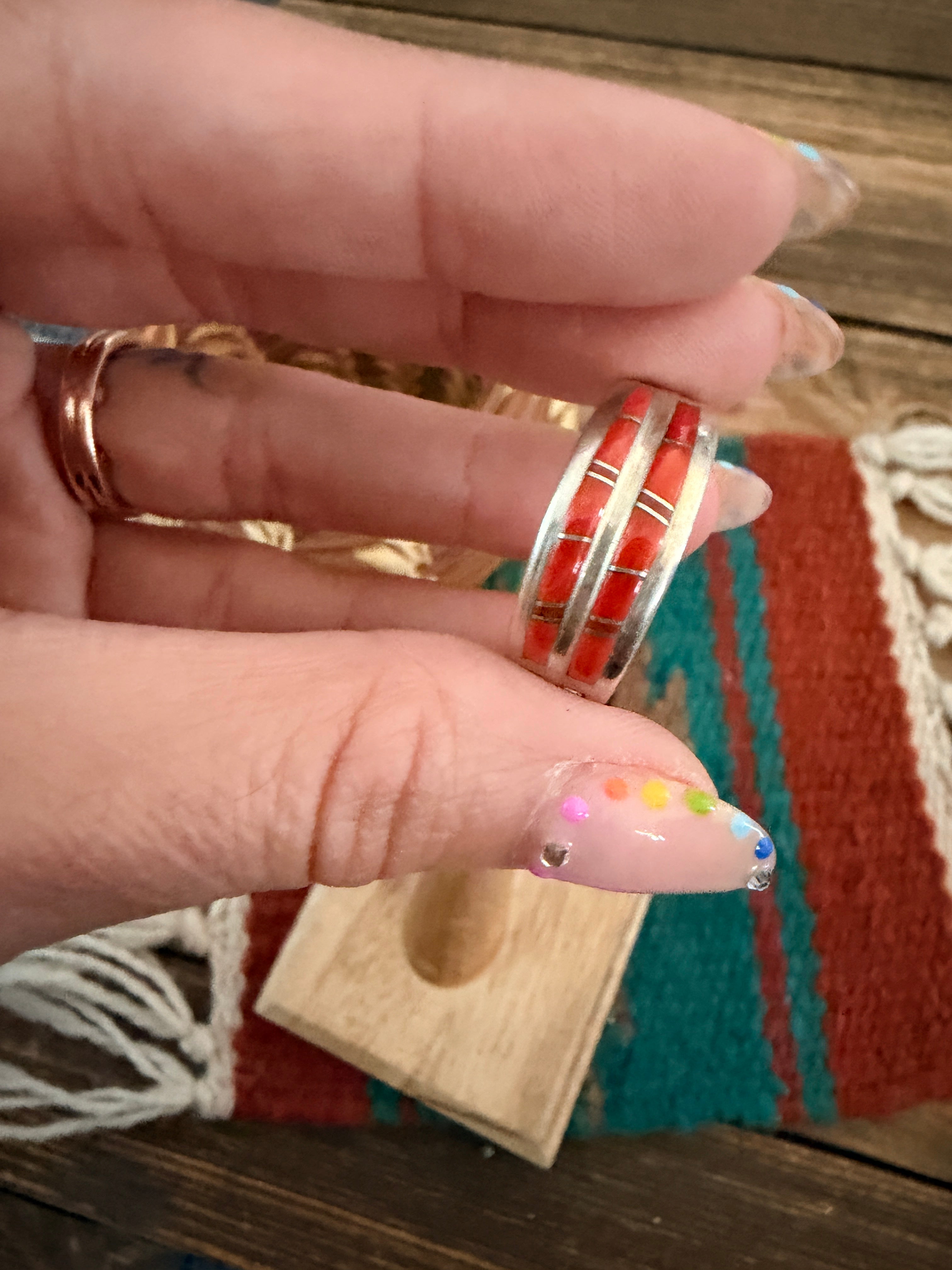 Old Pawn Handcrafted Coral & Sterling Silver Inlay Band Ring Size 11.75