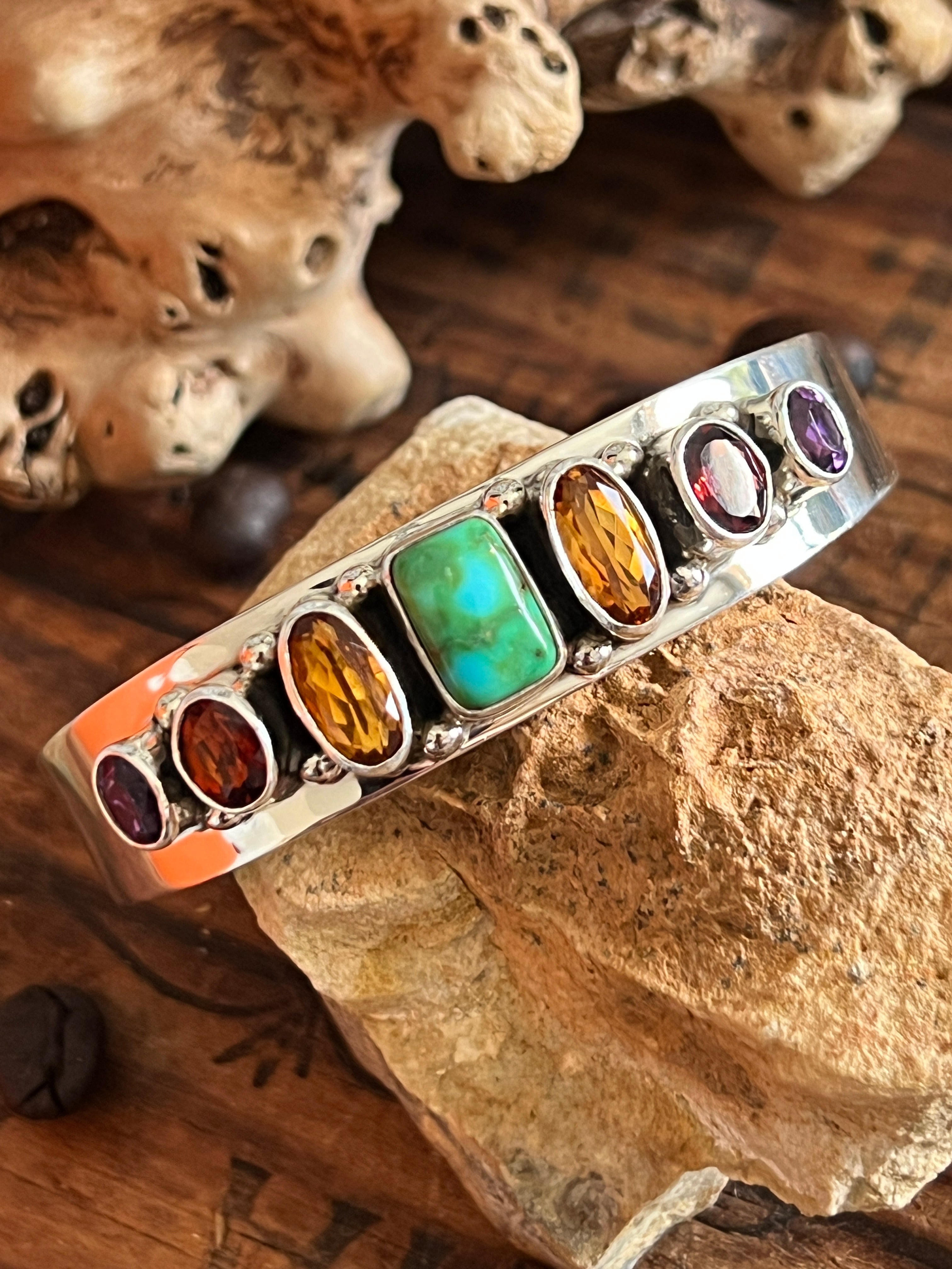 Handcrafted Sterling Silver Gems & Jewels Stacker Cuff Bracelet by Lucy Jake, Wider