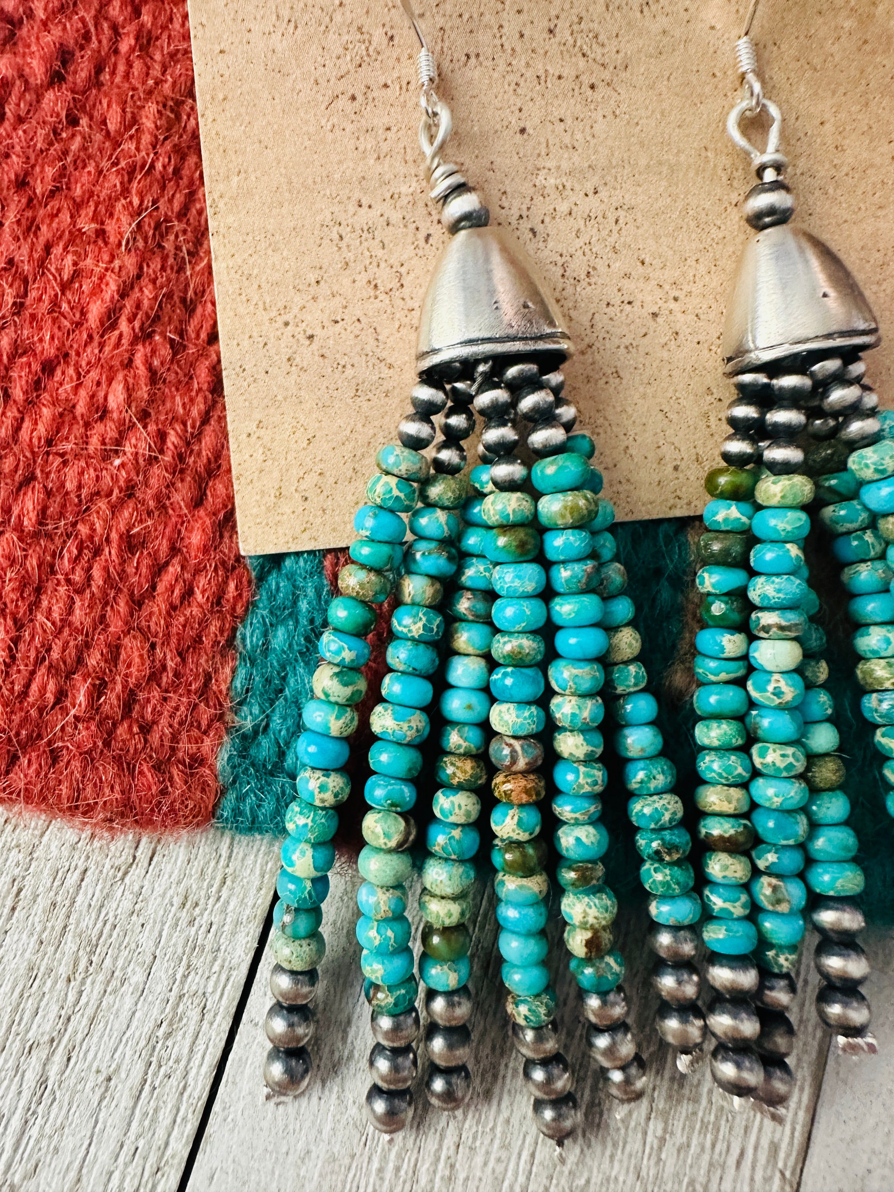 Handcrafted Turquoise & Sterling Silver Pearl Beaded Tassel Dangle Earrings