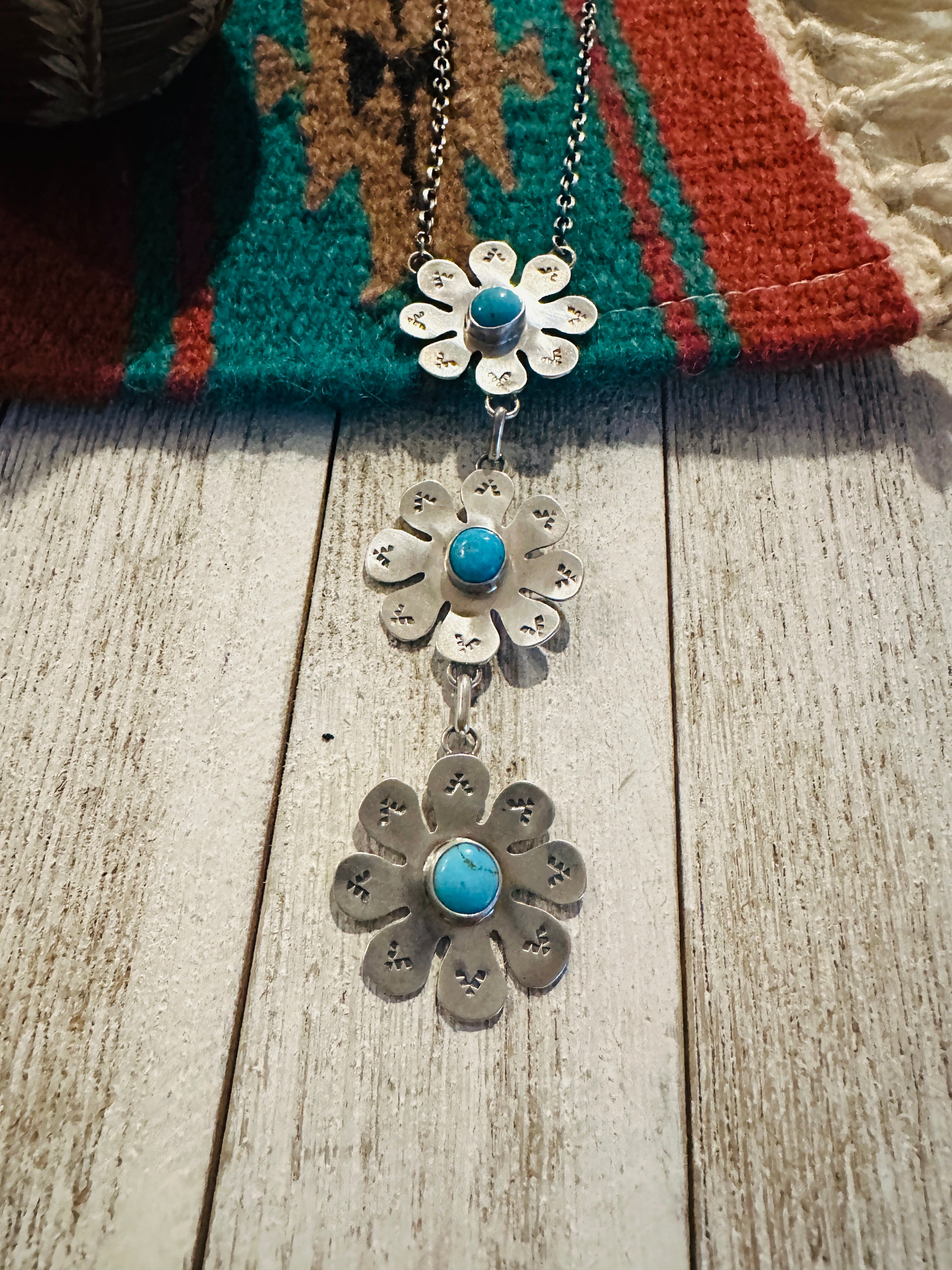 Handcrafted Sterling Silver & Turquoise Flower Lariat Necklace