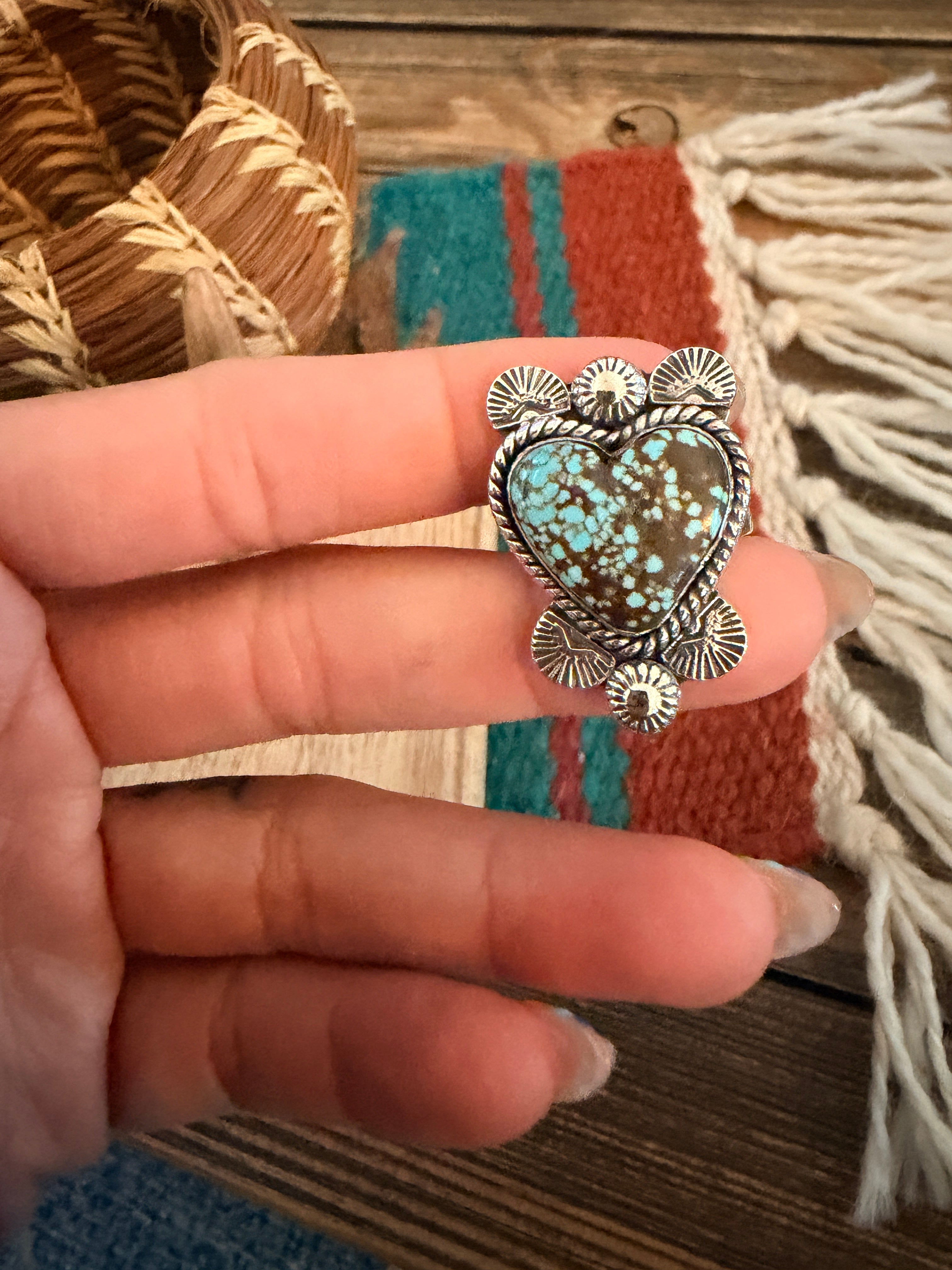 Handmade Sterling Silver Number 8 Turquoise Adjustable Heart Ring Signed Nizhoni