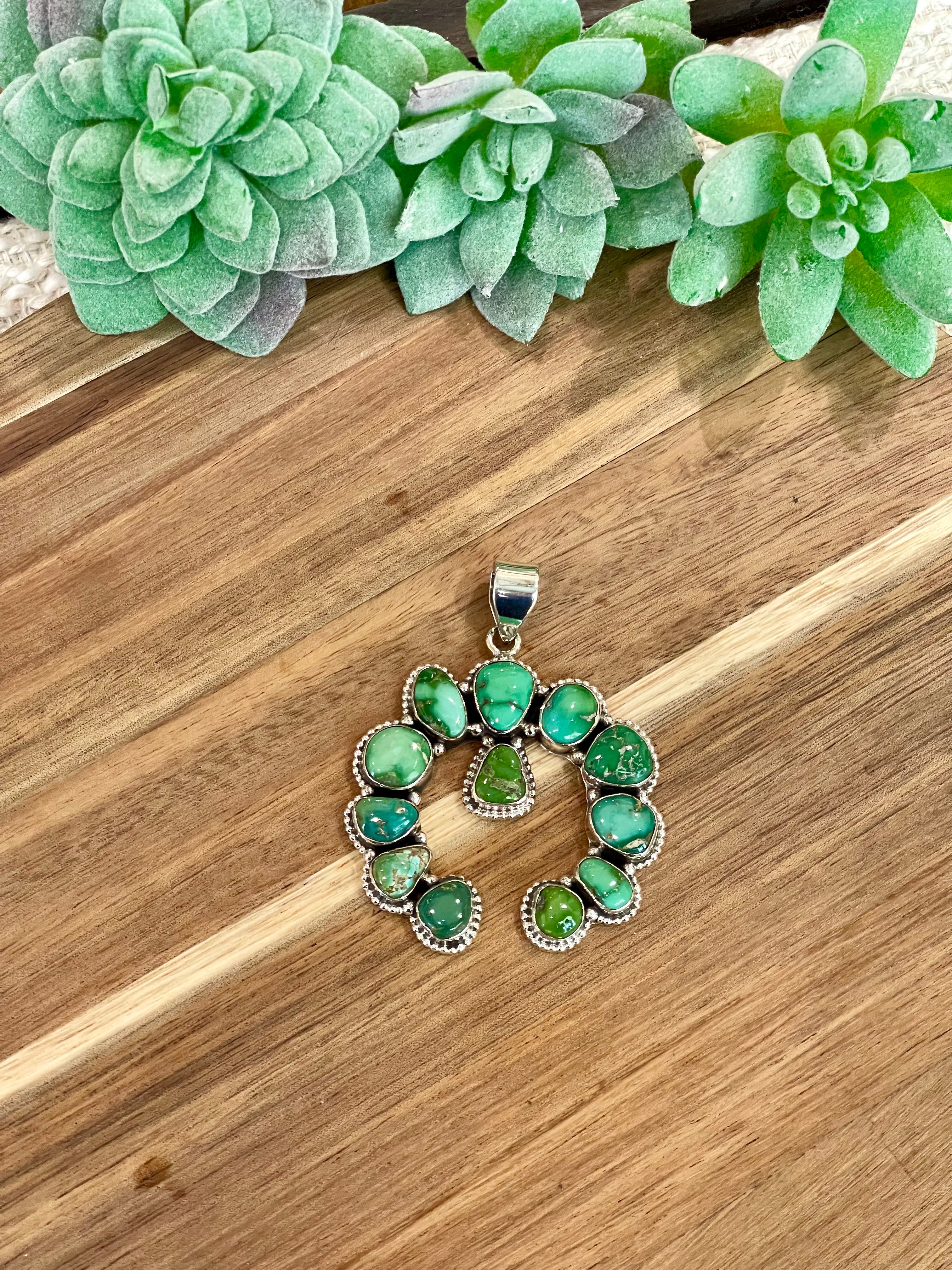 Handmade Sterling Silver & Sonoran Mountain Turquoise Naja Pendant- Greener