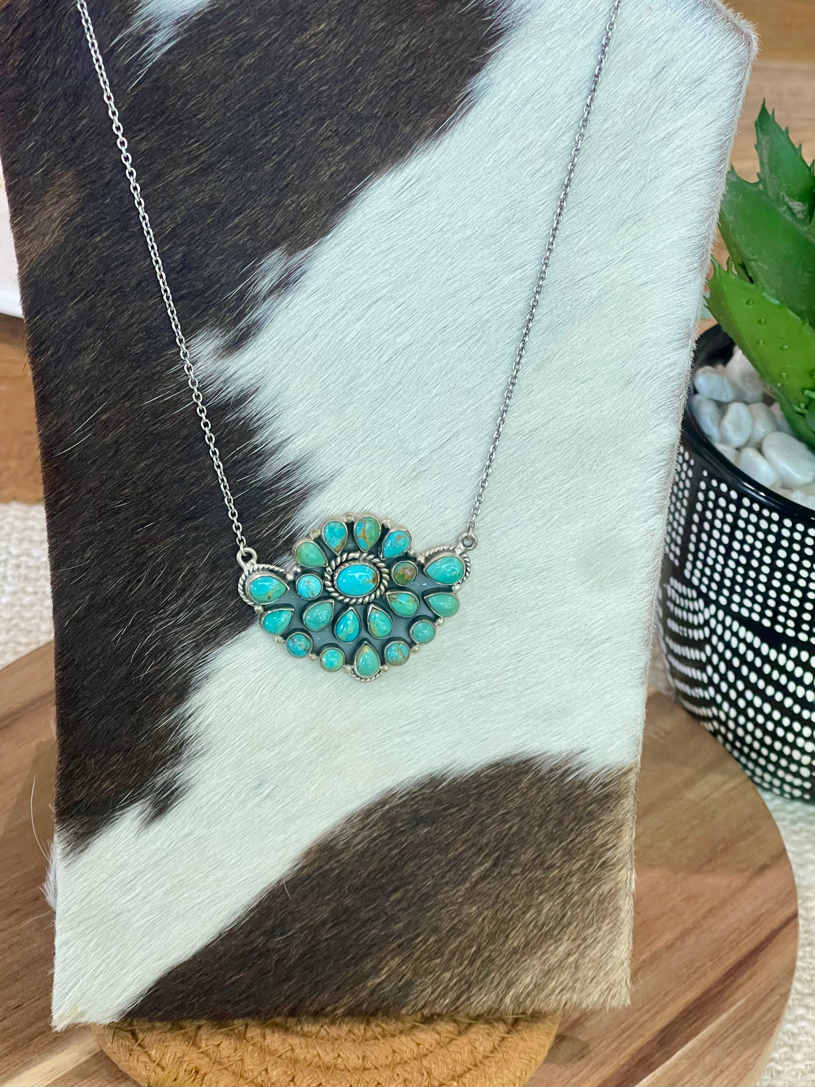 Gorgeous Handmade Sterling Silver & Turquoise Cluster Necklace