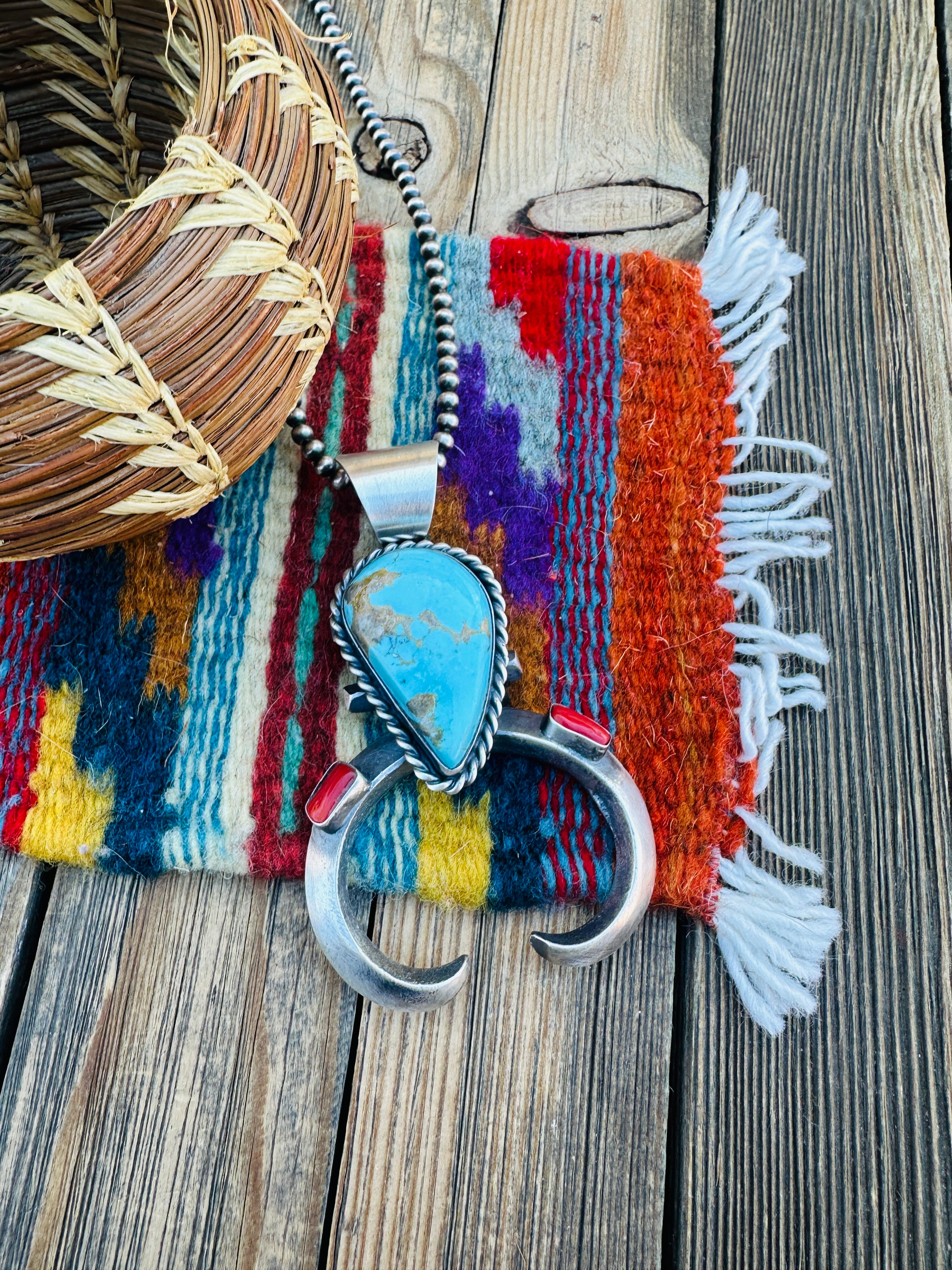 Handcrafted Sterling Silver, Turquoise & Coral Naja Pendant by Chimney Butte