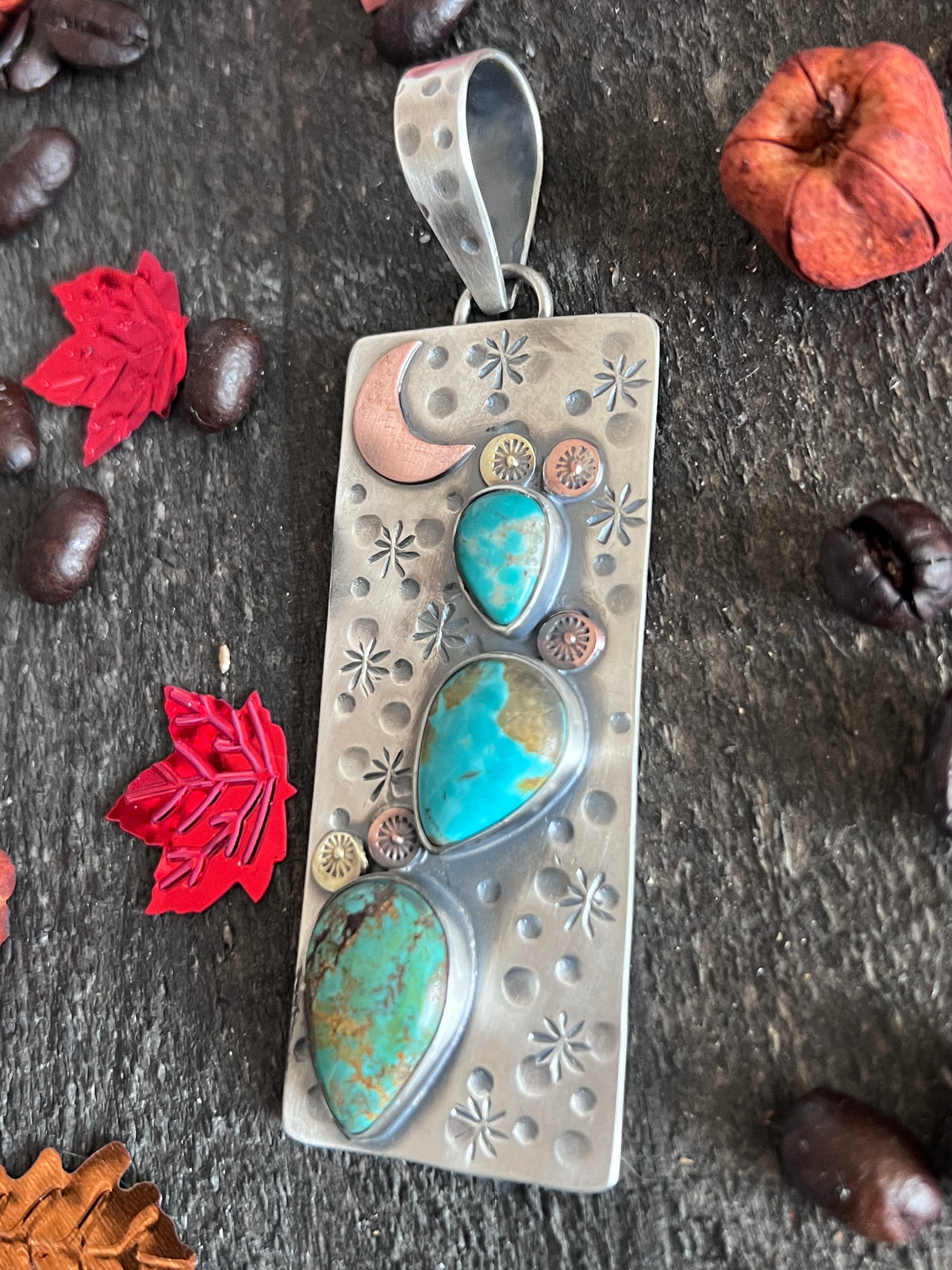 Kimari Somers Hand Stamped Sterling Silver, Copper, Brass & Kingman Turquoise Prickly Pear Cactus Moon Pendant