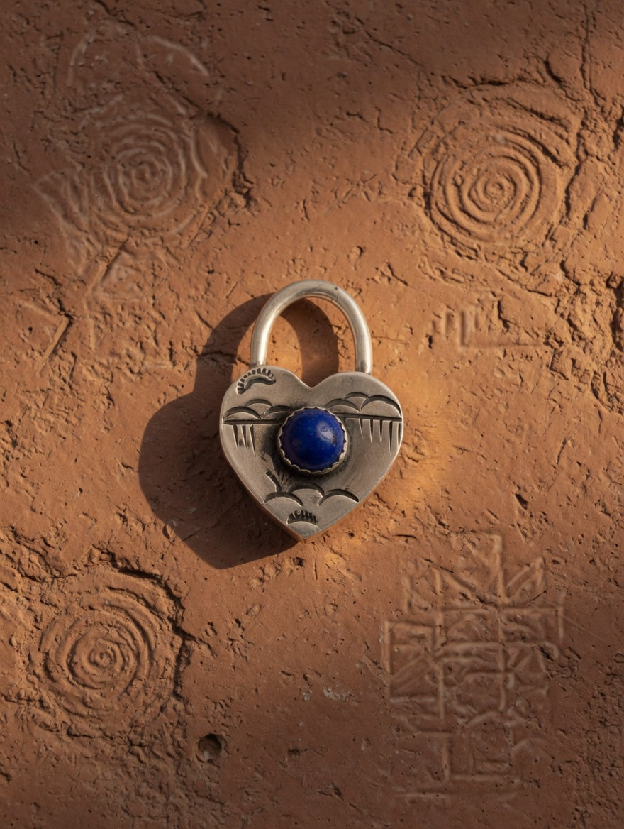 Sterling Silver Heart Padlock Pendant with Lapis Stone