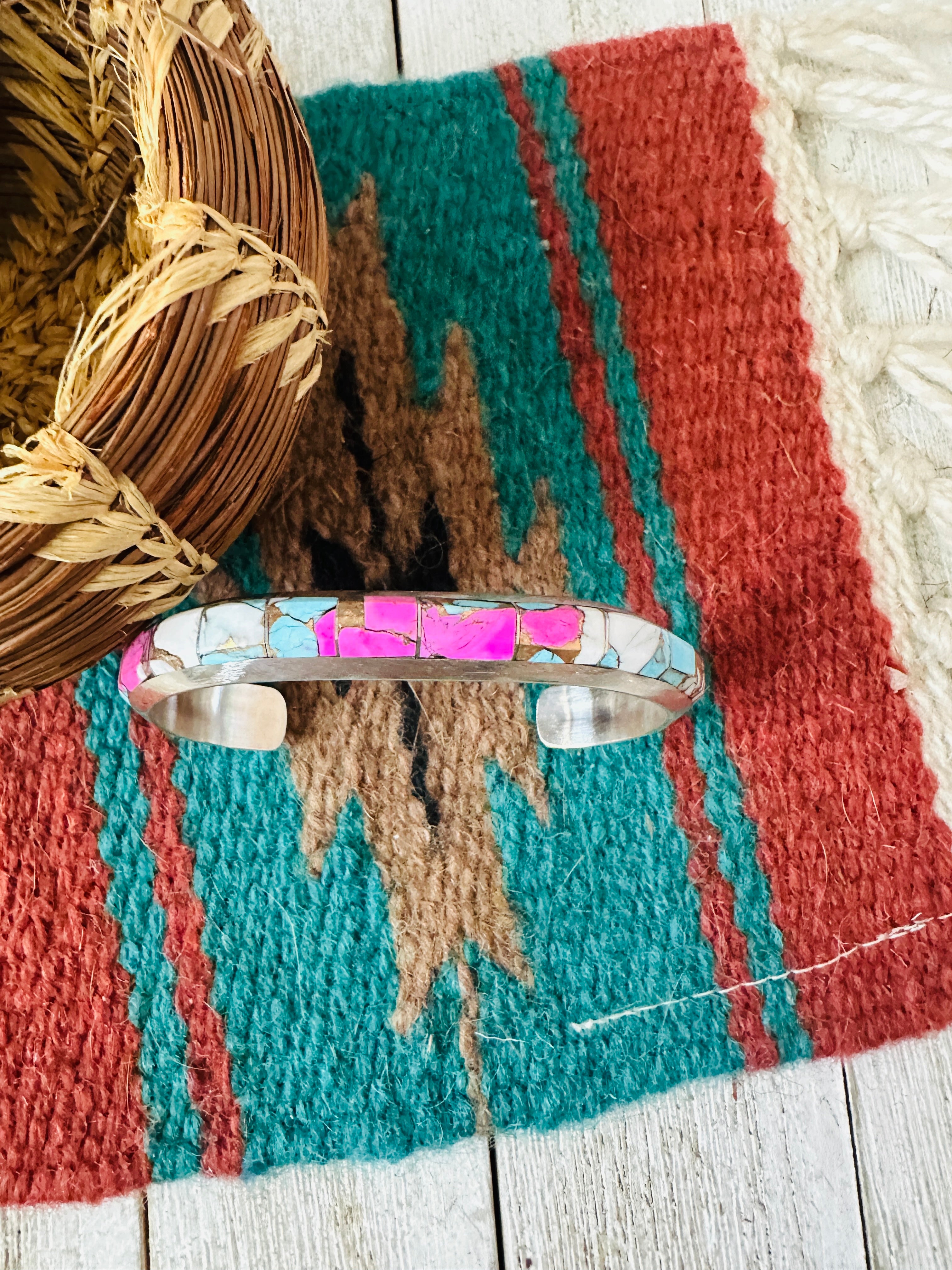 Handcrafted Cotton Candy & Sterling Silver Inlay Cuff Bracelet
