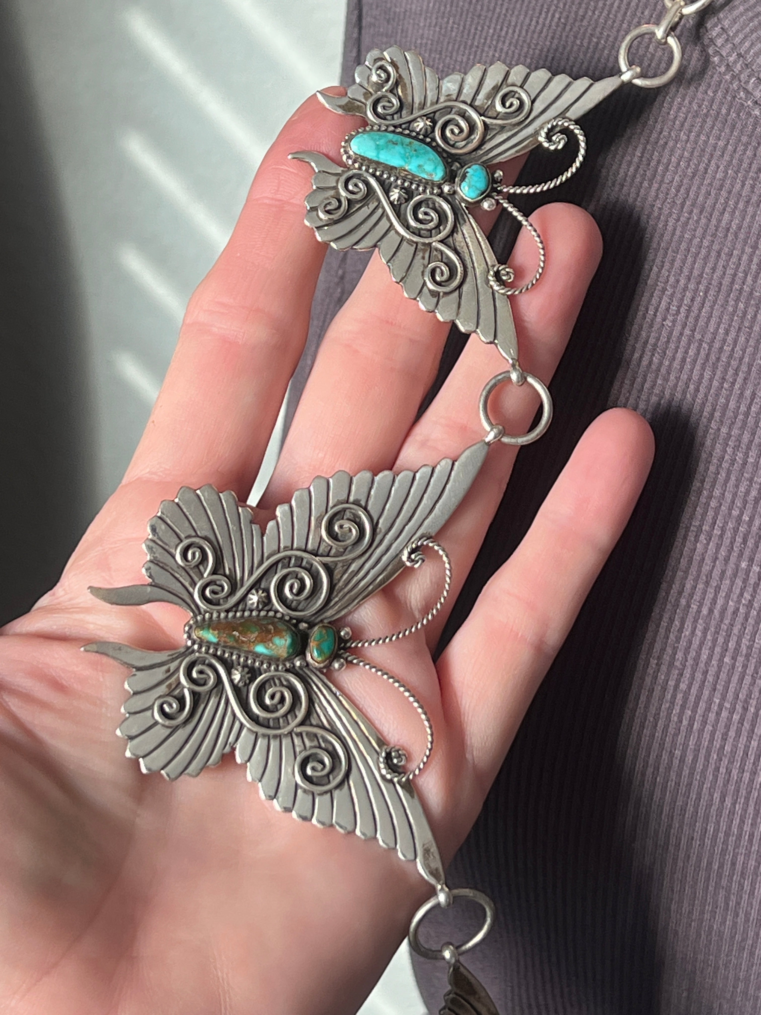 Lee Charley Handcrafted Sterling Silver and Turquoise Butterfly Lover’s Link Necklace, Belt or Hat Adornment