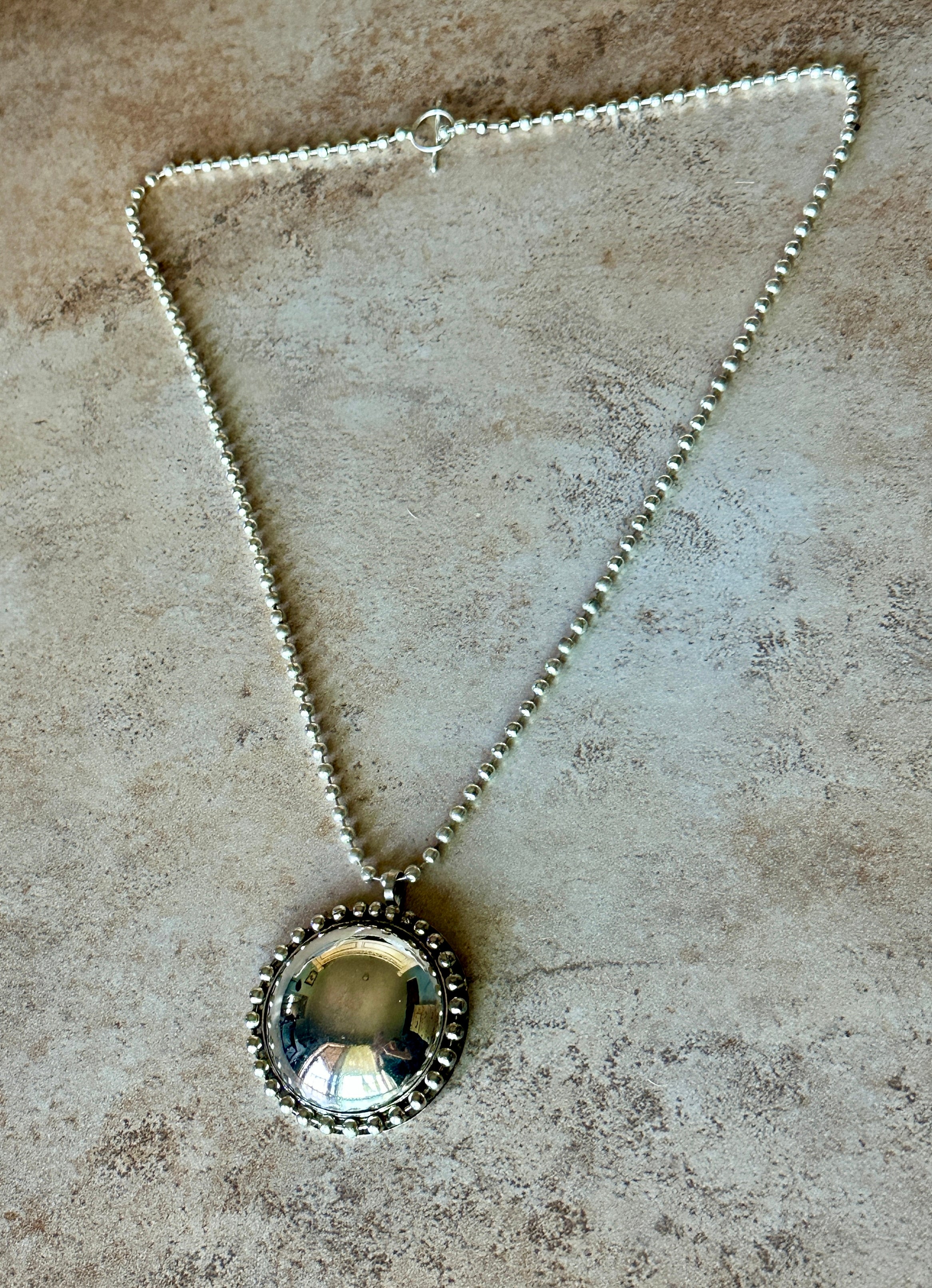Silver Beaded Circle Pendant Necklace