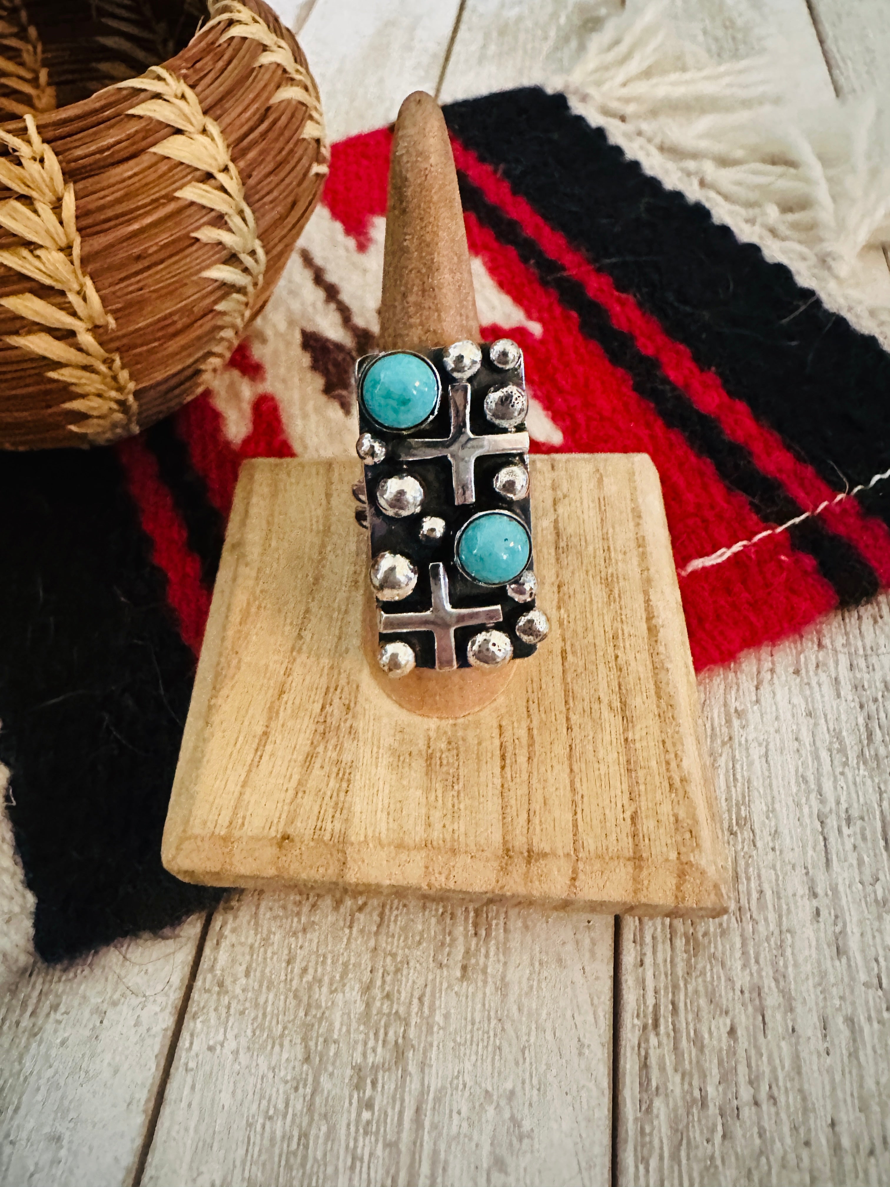 Handcrafted Turquoise & Sterling Silver Cross Ring Chimney Butte